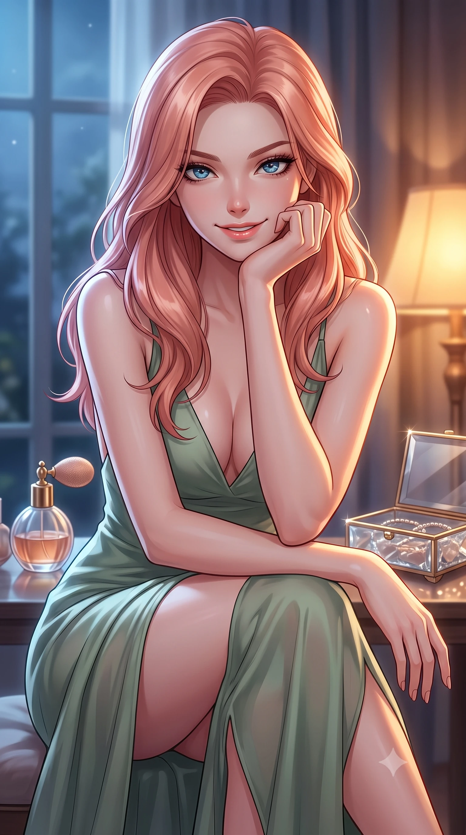 score_9, masterpiece, best quality, ultra-detailed, high-budget anime keyframe, editorial fashion photography, tasteful artistic composition, Japanese woman. close-up cowboy shot from the waist and thighs up, the character dominates the composition, filling the frame with her large presence, background elements kept in soft focus. flashing a sweet yet tantalizing grin, resting her chin on the back of her hand with intense eye contact set against a soft-focus background of inside an exclusive private spa pavilion with a vintage perfume atomizer and crystal jewelry box reflecting soft light. She has an exceptionally elegant, slender, and willowy female figure with an ultra-slim waist, a gracefully sculpted slender torso, and a refined silhouette. sharp v-shaped jawline, high-bridge nose, intricate jewel-like eyes with depth, thick eyelashes, glossy lips with a natural sheen. wearing tailored sage green semi-opaque chiffon open-back silk slip dress featuring a deep V-neckline and a leg-lengthening side slit featuring refined tailored seams. illuminated by soft silver moonlight contrasting with the warm amber glow of a nearby lamp. highly saturated vibrant anime colors, detailed shading with soft gradients, rich glossy textures, high-contrast stereoscopic depth, volumetric dynamic lighting, master piece, 9:16 ratio