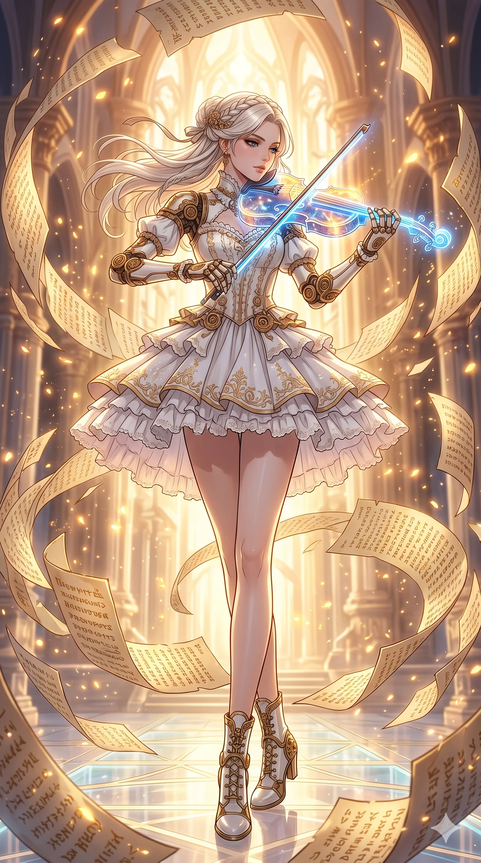score_9, masterpiece, best quality, ultra-detailed, Set A: High-budget Anime Keyframe, Caucasian (human ears) woman. Low angle cowboy shot filling the entire 9:16 frame with her statuesque presence. Theme: Ethereal Dream. playing a holographic violin in a temple made of solid light, surrounded by a whirlwind of 193 floating ancient scrolls. The atmosphere is filled with golden hour with floating embers. She has an absolutely perfect 8-heads proportion, an exceptionally tall and slender female figure with impossibly long slender legs and an ultra-slim waist. Sharp v-shaped jawline, high-bridge nose, intricate jewel-like eyes with depth, glossy lips. Wearing Mechanical doll outfit with visible brass joints and a delicate porcelain-white dress. Cinematic lighting, vivid colors, dramatic shadows, 2k, ultra detail, master piece, 9:16 ratio