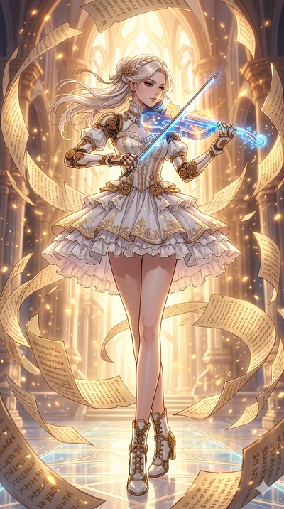 score_9, masterpiece, best quality, ultra-detailed, Set A: High-budget Anime Keyframe, Caucasian (human ears) woman. Low angle cowboy shot filling the entire 9:16 frame with her statuesque presence. Theme: Ethereal Dream. playing a holographic violin