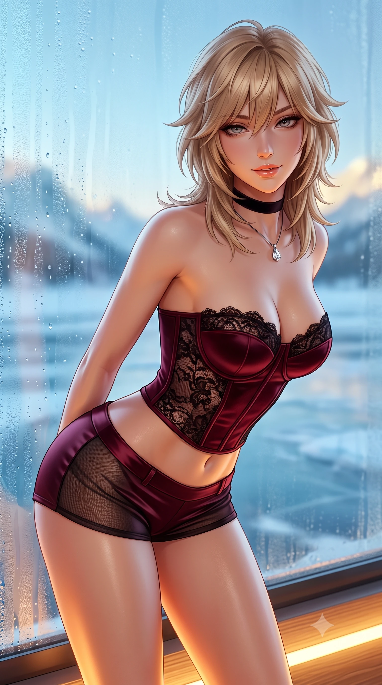 score_9, masterpiece, best quality, ultra-detailed, high-budget anime keyframe, semi-realistic 3D game render, editorial fashion photography, tasteful artistic composition, Japanese woman. close-up cowboy shot from the waist and thighs up, the character dominates the composition, filling the frame with her large presence. leaning forward while arching her lower back to accentuate her curvy hips, looking into the camera with an intoxicating smoldering gaze and bedroom-eyes while leaning against the warm insulated glass pane with hips cocked back, looking through condensation beads with an irresistible, heavy-lidded bedroom-gaze. The background shows a soft-focus expansive frozen lake ice sheets, misty arctic twilight, and distant snow-covered fells blurred into icy cyan, periwinkle, and pale gold bokeh. She has an exceptionally elegant, slender, and willowy female figure with an ultra-slim waist, flat toned midriff, narrow ribcage, and sculpted feminine hips creating an alluring, slim hourglass silhouette without bulk. sharp v-shaped jawline, high-bridge nose, sparkling eyes with hypnotic seductive depth, thick curled eyelashes, glossy parted lips with a natural dewy peach sheen, alluring bedroom-eyes with an enchanting coquettish smile, exuding magnetic siren charisma and sophisticated glamour, flawlessly proportioned anatomical accuracy, strict slender model proportions, natural body alignment, perfectly sculpted long slender limbs, ultra-slim waistline, clean dynamic posture without body distortion. wearing a strapless boned satin corset bodice paired with low-waisted tailored satin hot-pants in deep bordeaux velvet and delicate black chantilly, made of semi-opaque stretch illusion mesh with soft shadowy contours, finished with a thin velvet ribbon choker and a single teardrop diamond pendant, the glove-like clinging cut tightly following the natural contour of her hips and long slender legs with youthful 8.5-heads elegance. bathed in warm 2600K amber under-bench LED lighting contrasting with arctic twilight blue through the glass. highly saturated vibrant anime colors, detailed shading with soft gradients, rich glossy textures, high-contrast stereoscopic depth, volumetric dynamic lighting, master piece, 9:16 ratio