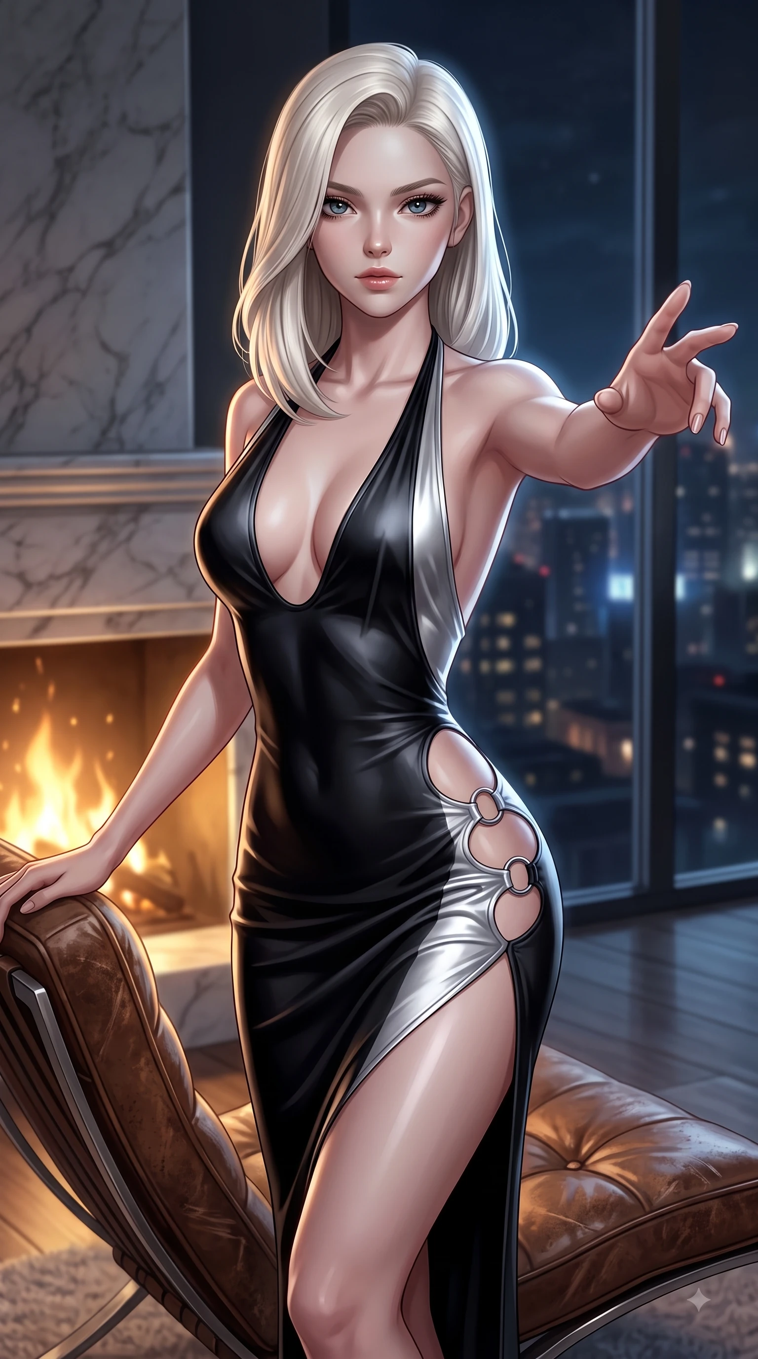 score_9, masterpiece, best quality, ultra-detailed, high-budget anime keyframe, editorial fashion photography, tasteful artistic composition, Caucasian woman. close-up cowboy shot from the waist and thighs up, the character dominates the composition, filling the frame with her large presence, background elements kept in soft focus. Reaching one arm gracefully toward the camera with magnetic poise, displaying her statuesque silhouette while resting on a leather lounge chair by a marble fireplace as soft golden hearth embers highlight her slender torso, soft moonlight tracing her slender shoulder, graceful clavicle, and contoured waistline elegantly. She has an exceptionally elegant, slender, and willowy female figure with an ultra-slim waist, a gracefully sculpted slender torso, and a refined silhouette. sharp v-shaped jawline, high-bridge nose, intricate jewel-like eyes with depth, thick eyelashes, glossy lips with a natural sheen, flawlessly proportioned anatomical accuracy, natural body alignment, perfectly sculpted elegant limbs, clean dynamic posture without body distortion. wearing a deep-scoop halter bodycon dress with hip cutouts connected by silver rings in matte black and polished silver, crafted from smooth liquid silk, finished with a sleek side slit ascending to mid-thigh, the sleek second-skin texture accentuating her magnetic presence. illuminated by glowing hearth embers and dramatic city night rim light. ultra-reflective glossy finish, specular highlights, metallic sheen, high-contrast stereoscopic depth, volumetric dynamic lighting, 2k, ultra detail, master piece, 9:16 ratio
