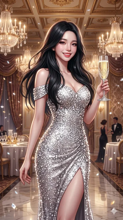 score_9, score_8_up, score_7_up, source_anime, masterpiece, best quality, ultra-detailed, same character with long flowing black hair, wearing a dazzling sparkling silver evening gown, upper body close-up from thigh up filling the screen, holding a c