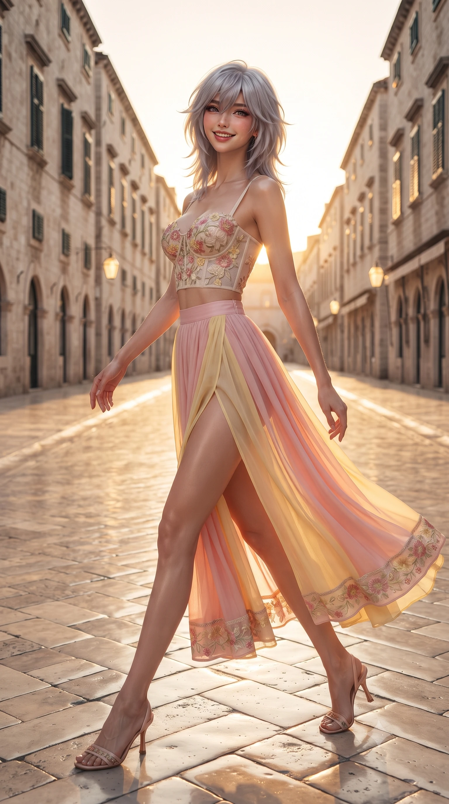 score_9, masterpiece, best quality, ultra-detailed, high-budget anime keyframe, editorial fashion photography, tasteful artistic composition, Japanese woman. low angle full-body shot from head to toe showing her feet, filling the entire 9:16 vertical frame with her statuesque presence, stretching her vertical silhouette. sitting perched on the elevated edge with legs crossed and hips angled toward the camera, displaying her toned midriff and long slender limbs with a joyful, coquettish smile while striding gracefully down the mirror-polished limestone Stradun promenade, arching her back with sovereign supermodel charisma and a warm smile. The surrounding environment is rendered in vivid detail and crisp panoramic clarity. detailed linen outfit texture, golden sunset specular highlights on skin, and Stradun streetscape clarity in high resolution. She has an exceptionally tall and slender model-like 8.5-heads proportion, an ultra-slim waist, a flat toned midriff, narrow delicate ribcage, and beautifully sculpted feminine hips creating a graceful, slim hourglass silhouette without any bulky heaviness, with impossibly long slender legs. sharp v-shaped jawline, high-bridge nose, intricate jewel-like sparkling eyes with depth, thick eyelashes, glossy parted lips with a natural peach sheen, bright cheerful beaming smile with an enchanting and coquettish sensual glint, exuding both youthful cute charm and seductive allure, flawlessly proportioned anatomical accuracy, strict slender model proportions, natural body alignment, perfectly sculpted long slender limbs, ultra-slim waistline, clean dynamic posture without body distortion. wearing a delicate floral embroidery bustier top paired with a flowy high-slit chiffon maxi skirt with a side hip opening in sweet strawberry milk pink and butter yellow, woven from layered gossamer organza with weightless flutter, complemented by delicate embroidered floral trim along the hem, the high-waisted tailoring accentuating her ultra-slim waistline and the enchanting curve of her feminine hips with alluring charm. bathed in glorious golden hour Adriatic sunset backlighting reflecting off polished stone floors. ultra-reflective glossy finish, specular highlights, rich textural contrasts, high-contrast stereoscopic depth, volumetric dynamic lighting, 2k, ultra detail, master piece, 9:16 ratio