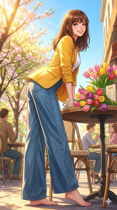 score_9, masterpiece, best quality, ultra-detailed, high-budget anime keyframe, vibrant anime aesthetic, Korean woman. low angle full-body shot from head to toe showing her feet, filling the entire 9:16 vertical frame with her statuesque presence, st