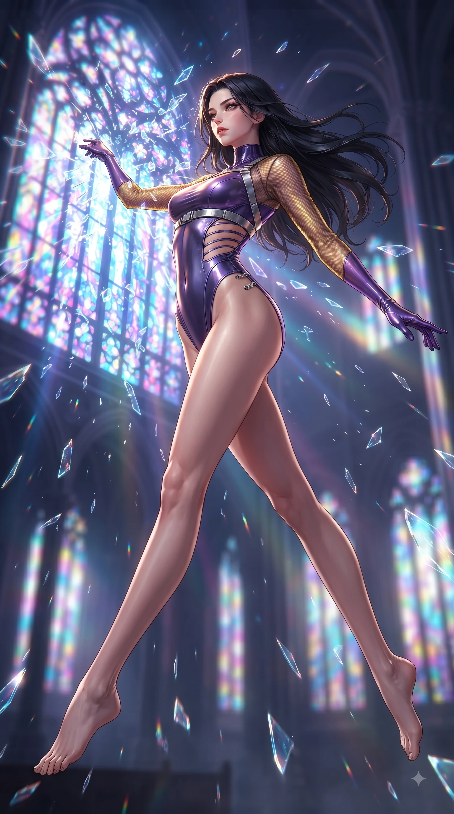score_9, masterpiece, best quality, ultra-detailed, high-budget anime keyframe, editorial fashion photography, tasteful artistic composition, Korean woman. low angle full-body shot from head to toe showing her feet, filling the entire 9:16 vertical frame with her statuesque presence, stretching her vertical silhouette. leaping through mid-air with an athletic yet alluring arch of her spine, her impossibly long slender legs stretched in flawless poise while leaping through shattered stained glass of a neon-lit futuristic cathedral amidst a rain of glowing shards. The composition keeps background elements in soft focus with creamy bokeh. glowing stained-glass fragments and towering cathedral arches blurred into dazzling prismatic bokeh. She has an absolutely perfect, statuesque 8.5-heads proportion, an exceptionally tall and slender model-like female figure with impossibly long slender legs and an ultra-slim waist. sharp v-shaped jawline, high-bridge nose, intricate jewel-like eyes with depth, thick eyelashes, glossy lips with a natural sheen, flawlessly proportioned anatomical accuracy, natural body alignment, perfectly sculpted elegant limbs, clean dynamic posture without body distortion. wearing an ultra-sleek high-cut tech-bodysuit featuring dangerous diagonal slitted cutouts on the midriff and shoulders, reinforced by a metallic silver harness and sheer mesh sleeves in lustrous molten gold and pure deep violet, crafted from ultra-reflective second-skin latex with a glass-like polish, finished with an ultra-high side slit secured by miniature magnetic clasps, the glove-like fit tightly following every curve of her statuesque athletic build. backlit by intense multi-colored neon light rays and volumetric dawn light filtering through fog. ultra-reflective glossy finish, specular highlights, metallic sheen, high-contrast stereoscopic depth, volumetric dynamic lighting, 2k, ultra detail, master piece, 9:16 ratio