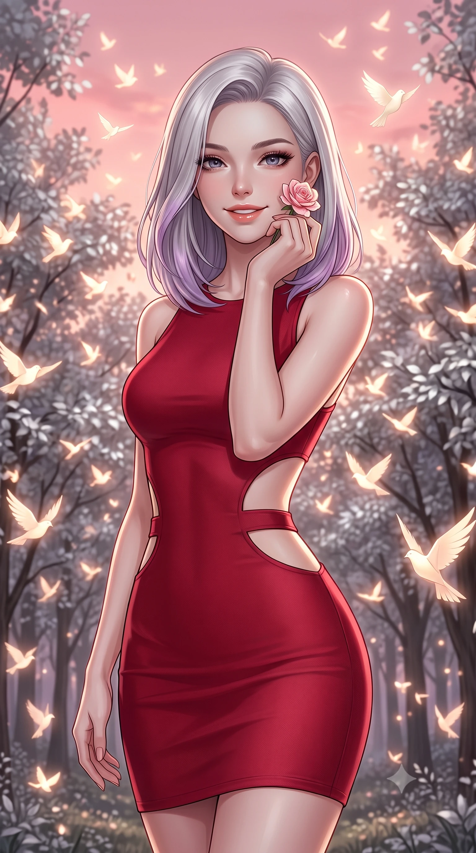 score_9, masterpiece, best quality, ultra-detailed, high-budget anime keyframe, editorial fashion photography, tasteful artistic composition, Caucasian woman, strictly human ears. close-up cowboy shot from the waist and thighs up, the character dominates the composition, filling the frame with her large presence, background elements kept in soft focus. Holding a delicate flower near her cheek, smiling with dreamy happiness. set against a soft-focus background of in a forest clearing filled with silver-leaf trees where thousands of glowing paper birds nest and take flight into a pink evening sky. She has an exceptionally elegant, slender, and willowy female figure with a highly-defined ultra-slim waist, a gracefully sculpted slender torso, and a refined slim-fit silhouette that contours her form. sharp v-shaped jawline, high-bridge nose, intricate jewel-like eyes with depth, thick eyelashes, glossy lips with a natural sheen. wearing a structured bodycon dress in crimson red with strategic curved cutouts at the sides of the waist. soft glowing ambient light with sharp side key light tracing the sleek contours of her figure. 2k, ultra detail, master piece, 9:16 ratio