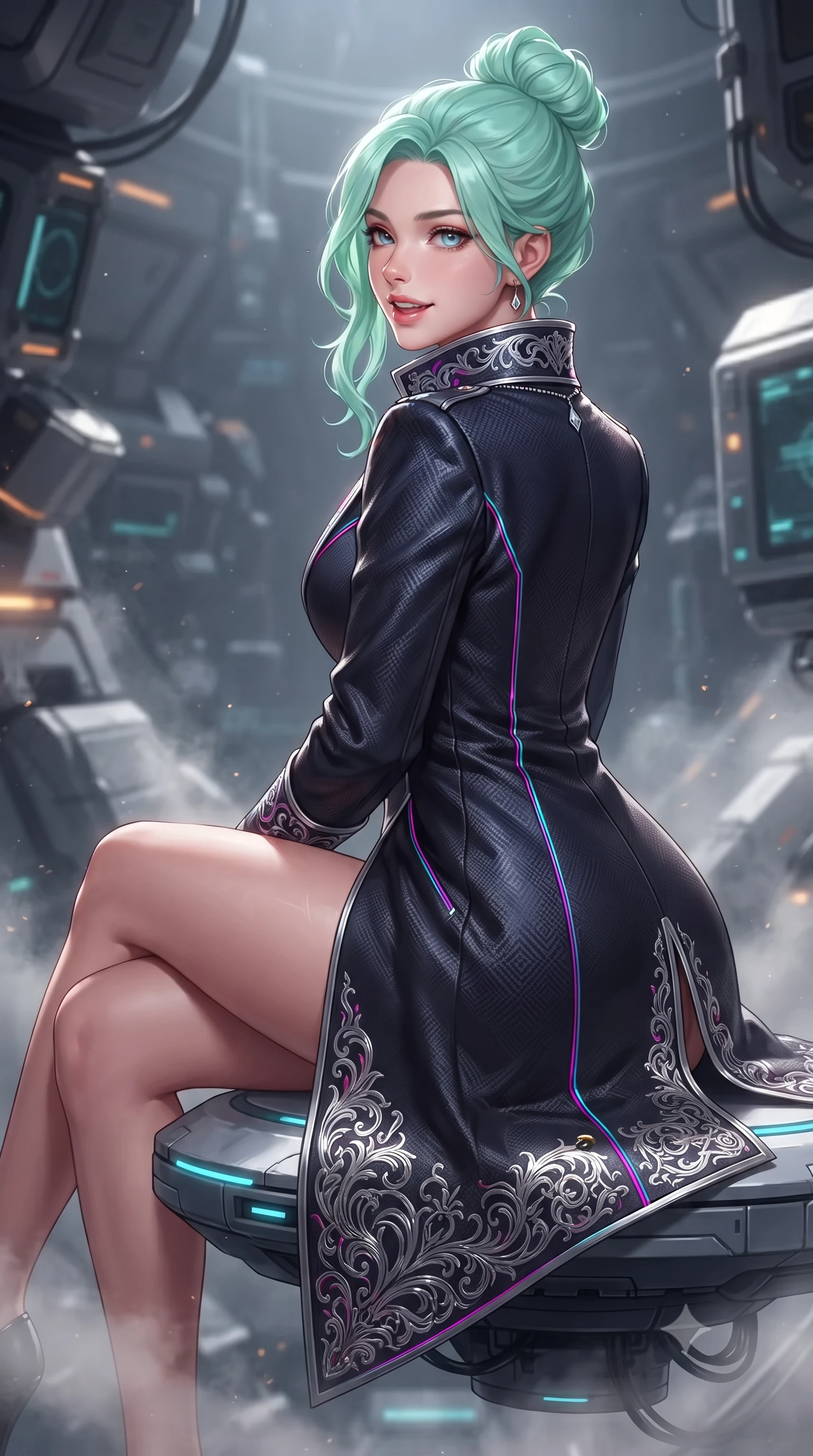 score_9, masterpiece, best quality, ultra-detailed, high-budget anime keyframe, editorial fashion photography, tasteful artistic composition, Japanese woman. close-up cowboy shot from the waist and thighs up, the character dominates the composition, filling the frame with her large presence. posing in an alluring rear three-quarter angle, looking over a bare shoulder with parted glossy lips, her hips cocked back to highlight her slim hourglass curve while sitting gracefully on the floating magnetic inspection platform with legs crossed, flashing a teasing smile with parted glossy lips. The background shows a soft-focus zero-gravity particulate haze softened in orbital defense armory shallow focus. She has an exceptionally elegant, slender, and willowy female figure with an ultra-slim waist, flat toned midriff, narrow ribcage, and sculpted feminine hips creating an alluring, slim hourglass silhouette without bulk. sharp v-shaped jawline, high-bridge nose, intricate jewel-like sparkling eyes with depth, thick eyelashes, glossy parted lips with a natural peach sheen, bright cheerful beaming smile with an enchanting and coquettish sensual glint, exuding both youthful cute charm and seductive allure, flawlessly proportioned anatomical accuracy, strict slender model proportions, natural body alignment, perfectly sculpted long slender limbs, ultra-slim waistline, clean dynamic posture without body distortion. wearing an aristocratic deep-space admiral longcoat with silver filigree embroidery along the hem and high structured collar in Shinjuku acid-rain magenta and cyan neon, woven from structured carbon-fiber jacquard with rich textural depth, finished with a minimalist chrome choker and a single teardrop diamond pendant, the bespoke structured tailoring following the natural line of her 8.5-heads silhouette with refined elegance. illuminated by dark titanium floor reflection bounce and sharp platinum-amber rim lights sculpting her jawline, narrow waist, and curvy hips. ultra-reflective glossy finish, specular highlights, rich textural contrasts, high-contrast stereoscopic depth, volumetric dynamic lighting, 2k, ultra detail, master piece, 9:16 ratio