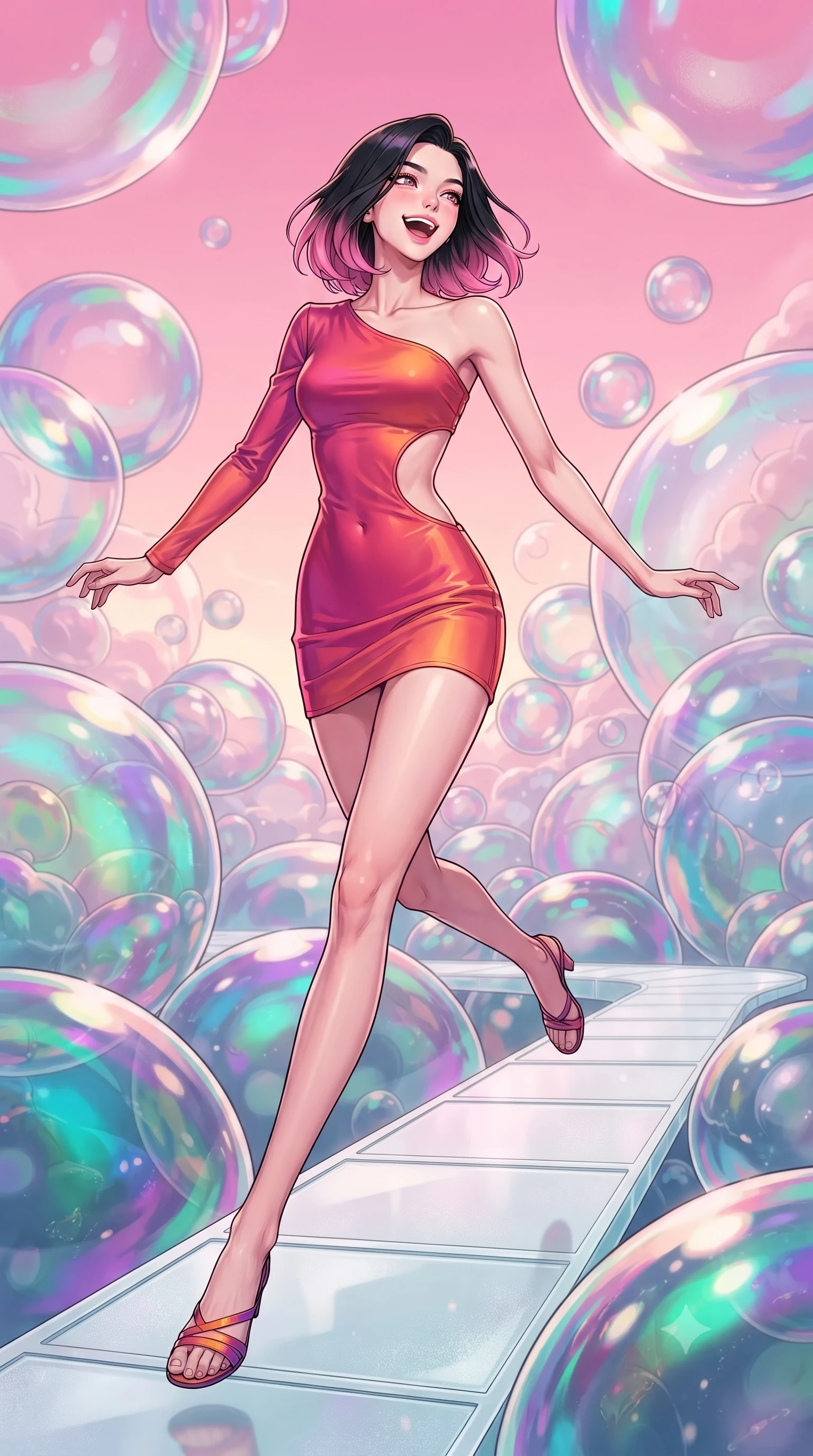 score_9, masterpiece, best quality, ultra-detailed, high-budget anime keyframe, editorial fashion photography, tasteful artistic composition, gorgeous anime illustration, with clean line-art, distinct ink outlines, and high-contrast stereoscopic depth, Korean woman. low angle full-body shot from head to toe showing her feet, filling the entire 9:16 vertical frame with her statuesque presence, stretching her vertical silhouette. leaping gracefully with a bright, joyful laugh through on a path of white glass in a valley constructed of massive soap bubbles that reflect oil-slick iridescent colors, drifting gently in a pink sky. She has a statuesque 8.5-heads proportion, an exceptionally tall, slender and willowy model-like build with impossibly long legs and a highly sculpted ultra-slim waist. sharp v-shaped jawline, high-bridge nose, intricate jewel-like eyes with depth, thick eyelashes, glossy lips with a natural sheen. wearing an asymmetric one-sleeve mini dress in a warm fuchsia and orange gradient, with a dramatic side cutout. soft warm afternoon light refracting through the soap bubbles, casting shifting iridescent color patterns across the scene. 2k, ultra detail, master piece, 9:16 ratio, highly saturated vibrant anime colors, detailed cel-shading with soft gradients, rich glossy textures, deep contrast, volumetric dynamic lighting, 2d animation style