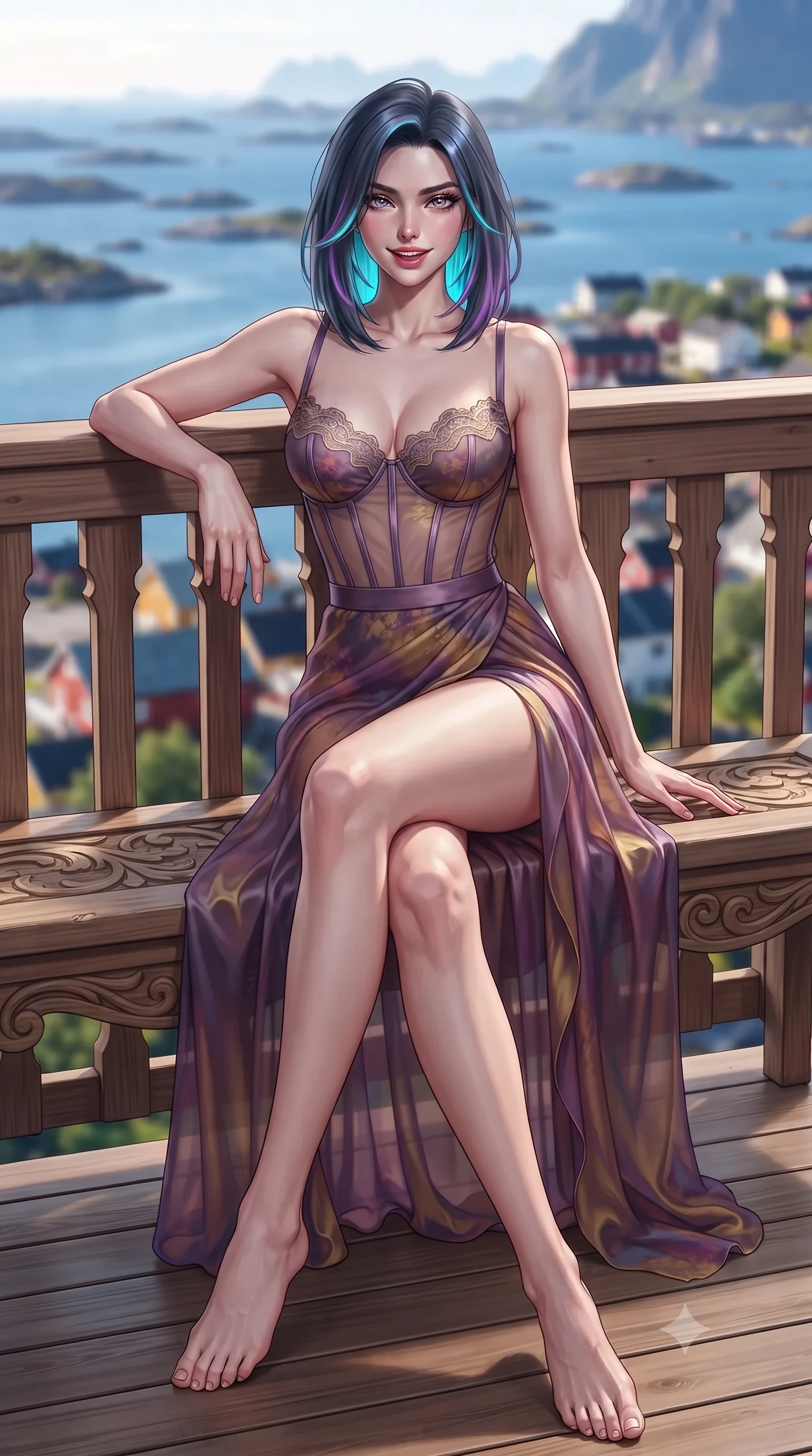 score_9, masterpiece, best quality, ultra-detailed, high-budget anime keyframe, editorial fashion photography, tasteful artistic composition, Caucasian woman. low angle full-body shot from head to toe showing her feet, filling the entire 9:16 vertical frame with her statuesque presence, stretching her vertical silhouette. leaning deep against the balcony balustrade with hips cocked back in an unapologetically alluring high-fashion stance, casting an intoxicating glance while sitting gracefully on the sculptured timber viewing bench with legs crossed, flashing a radiant, playful smile with parted glossy lips. The background shows a soft-focus hundreds of rocky skerries and islands dotted across the blue Norwegian Sea, colorful roofs of Svolvær, and distant mountain chains blurred into cobalt, topaz, and rose bokeh. She has an exceptionally tall and slender model-like 8.5-heads proportion, an ultra-slim waist, a flat toned midriff, narrow delicate ribcage, and beautifully sculpted feminine hips creating a graceful, slim hourglass silhouette without any bulky heaviness, with impossibly long slender legs. sharp v-shaped jawline, high-bridge nose, intricate jewel-like sparkling eyes with depth, thick eyelashes, glossy parted lips with a natural peach sheen, bright cheerful beaming smile with an enchanting and coquettish sensual glint, exuding both youthful cute charm and seductive allure, flawlessly proportioned anatomical accuracy, strict slender model proportions, natural body alignment, perfectly sculpted long slender limbs, ultra-slim waistline, clean dynamic posture without body distortion. wearing a provocative translucent mesh corset bodice with boned satin channels paired with a sheer chiffon wrap maxi skirt in Scottish Highlands heather thistle purple and antique hearth ember gold, crafted from fluid liquid silk satin that clings smoothly to her narrow waist and rounded hips with a dewy sheen, finished with scalloped eyelash lace trim framing her sweetheart neckline with intimate elegance, the liquid-tight tailored fabric clinging flawlessly to her narrow waist and rounded feminine hips, emphasizing every millimeter of her sculpted slim hourglass curves without any bulky heaviness. illuminated by timber deck reflection bounce and sharp gold-and-silver dual rim lights sculpting her jawline, narrow waist, and curvy hips. ultra-reflective glossy finish, specular highlights, rich textural contrasts, high-contrast stereoscopic depth, volumetric dynamic lighting, 2k, ultra detail, master piece, 9:16 ratio