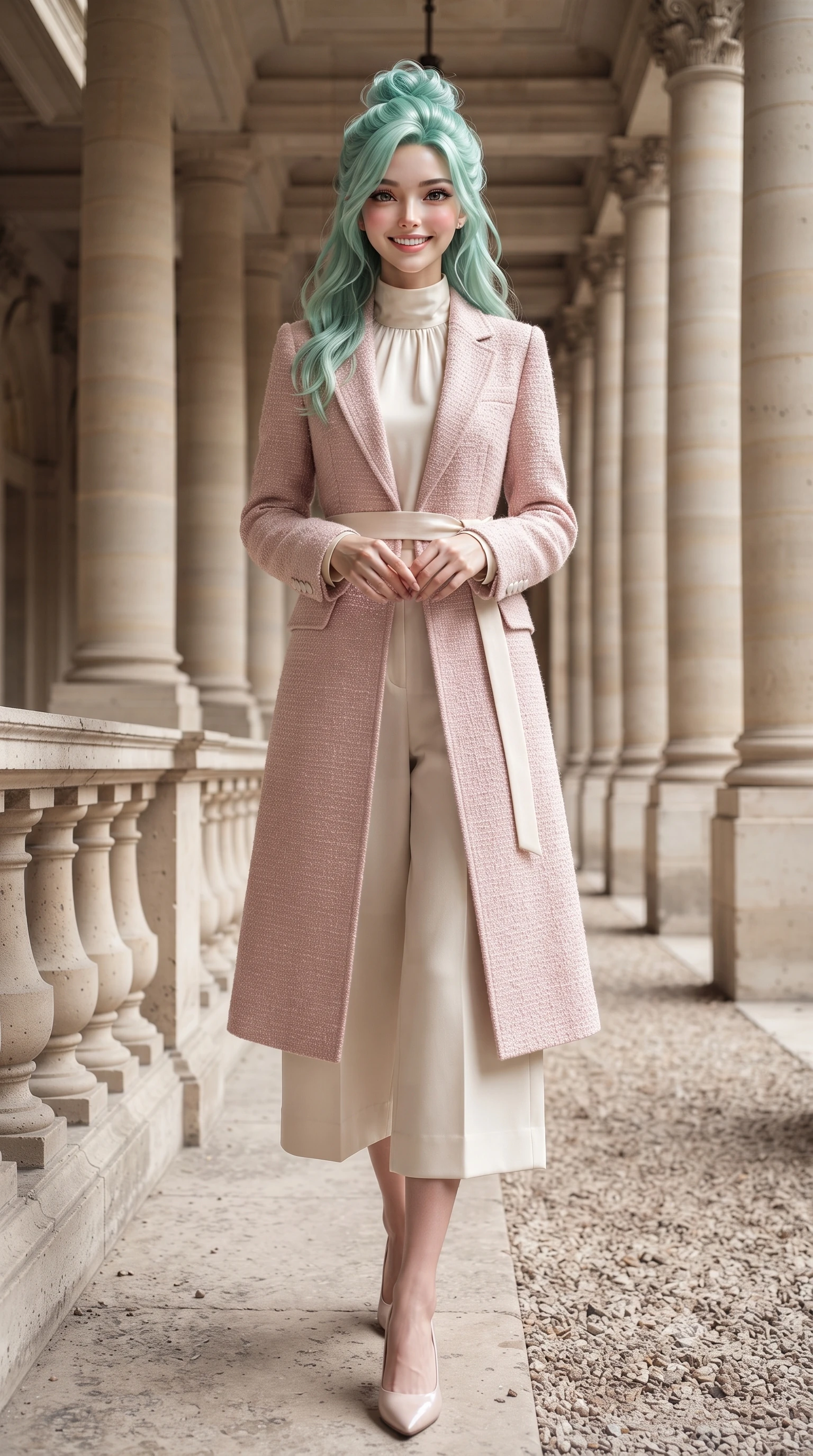score_9, masterpiece, best quality, ultra-detailed, high-budget anime keyframe, editorial fashion photography, tasteful artistic composition, Japanese woman. low angle full-body shot from head to toe showing her feet, filling the entire 9:16 vertical frame with her statuesque presence, stretching her vertical silhouette. standing poised beside the classical stone balustrade with one foot slightly forward, hands folded loosely before her with regal grace while walking gracefully down the rhythmic perspective of the double-columned classical arcade, smiling brightly toward the camera. The surrounding environment is rendered in vivid detail and crisp panoramic clarity: sharp stone chisel marks on column bases, gravel pathway texture, and architectural cornice dentils in deep focus. She has an exceptionally tall and slender model-like 8.5-heads proportion, an ultra-slim waist, a flat toned midriff, narrow delicate ribcage, and beautifully sculpted feminine hips creating a graceful, slim hourglass silhouette without any bulky heaviness, with impossibly long slender legs. sharp v-shaped jawline, high-bridge nose, intricate jewel-like sparkling eyes with depth, thick eyelashes, glossy parted lips with a natural peach sheen, bright cheerful beaming smile with an enchanting and coquettish sensual glint, exuding both youthful cute charm and seductive allure, flawlessly proportioned anatomical accuracy, strict slender model proportions, natural body alignment, perfectly sculpted long slender limbs, ultra-slim waistline, clean dynamic posture without body distortion. wearing a modern tailored silk-blend robe coat with minimalist sash belt layered over a high-neck blouse and wide culottes in Parisian pastel rose bouclé and cream pearl, woven from fine Australian merino wool with a smooth fluid drape and subtle sheen, finished with fine mother-of-pearl cuff buttons catching the soft ambient light, the precision-cut high-waisted tailoring accentuating her ultra-slim waist and long slender leg line with immaculate aristocratic poise. illuminated by pale gravel courtyard bounce and sharp warm-gold rim lights defining her cheekbones and statuesque model proportions. ultra-reflective glossy finish, specular highlights, rich textural contrasts, high-contrast stereoscopic depth, volumetric dynamic lighting, 2k, ultra detail, master piece, 9:16 ratio