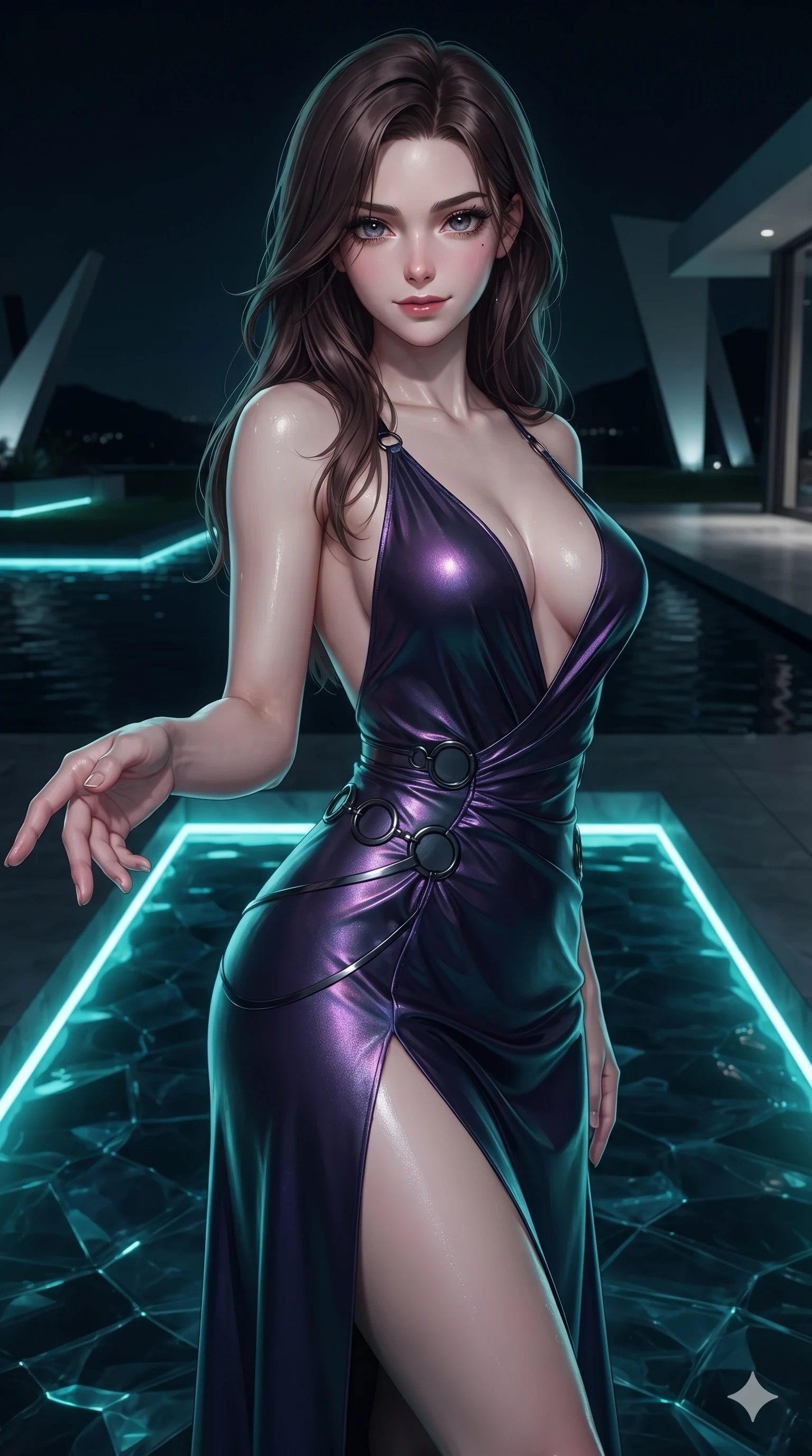 score_9, masterpiece, best quality, ultra-detailed, high-budget anime keyframe, editorial fashion photography, tasteful artistic composition, Korean woman. close-up cowboy shot from the waist and thighs up, the character dominates the composition, filling the frame with her large presence. reaching one hand toward the viewer with relaxed dark elegance, her sculpted waistline catching specular highlights while twisting her slender torso in an alluring contrapposto stance above the dark waters, submerged linear LED lights contouring her waist and hips. The surrounding environment is rendered in vivid detail and crisp panoramic clarity: detailed liquid mercury metallic gown tailoring, sheer side cutouts, and modern luxury landscaping in razor-sharp precision. She has an exceptionally elegant, slender, and willowy female figure with an ultra-slim waist, flat toned midriff, narrow ribcage, and sculpted feminine hips creating an alluring, slim hourglass silhouette without bulk. sharp v-shaped jawline, high-bridge nose, intricate jewel-like dark sparkling eyes with hypnotic seductive depth, thick curled eyelashes, glossy parted lips with a natural wine sheen, alluring bedroom-eyes with an enigmatic smoldering smile, exuding magnetic sovereign charisma and dark avant-garde glamour, flawlessly proportioned anatomical accuracy, strict slender model proportions, natural body alignment, perfectly sculpted long slender limbs, ultra-slim waistline, clean dynamic posture without body distortion. wearing a provocative backless liquid lamé slip dress with plunging neckline and hip-high thigh slit in iridescent dark violet taffeta and midnight indigo, woven from matte carbon-fiber weave with high-tech structural hold, trimmed with dark chrome ring hardware along the waist contours, contouring every curve with an exceptionally elegant silhouette and captivating allure. bathed in dramatic submerged teal LED light wash cutting upward through crystalline dark water. ultra-reflective glossy finish, specular highlights, metallic sheen, high-contrast stereoscopic depth, volumetric dynamic lighting, 2k, ultra detail, master piece, 9:16 ratio