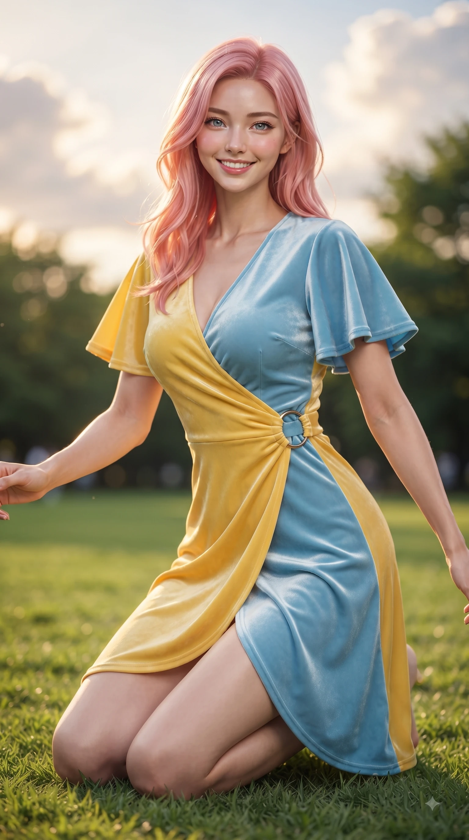 score_9, masterpiece, best quality, ultra-detailed, high-budget anime keyframe, editorial fashion photography, tasteful artistic composition, Japanese woman. close-up cowboy shot from the waist and thighs up, the character dominates the composition, filling the frame with her large presence. Gazing directly into the camera with a fresh, infectious smile as her torso curves dynamically in mid-stride while resting on her knees on the grass as warm sunset rays illuminate her radiant beauty. The composition keeps background elements in soft focus with dreamy bokeh. green park lawns and glowing clouds blurred smoothly behind her elegant silhouette. She has an exceptionally elegant, slender, and willowy female figure with an ultra-slim waist, a gracefully sculpted slender torso, and a refined silhouette. sharp v-shaped jawline, high-bridge nose, intricate jewel-like eyes with depth, thick eyelashes, glossy lips with a natural sheen, flawlessly proportioned anatomical accuracy, natural body alignment, perfectly sculpted elegant limbs, clean dynamic posture without body distortion. wearing an elegant V-neck silk wrap dress with fluttery short sleeves and a cinched waist in sunny canary yellow and clear sky blue, made of lustrous stretch velvet, accented with subtle metallic ring hardware framing her waist, the elegant draped fit framing her graceful clavicle and slender torso. illuminated by soft glowing sunset reflections with cheerful golden rim lights. ultra-reflective glossy finish, specular highlights, metallic sheen, high-contrast stereoscopic depth, volumetric dynamic lighting, 2k, ultra detail, master piece, 9:16 ratio