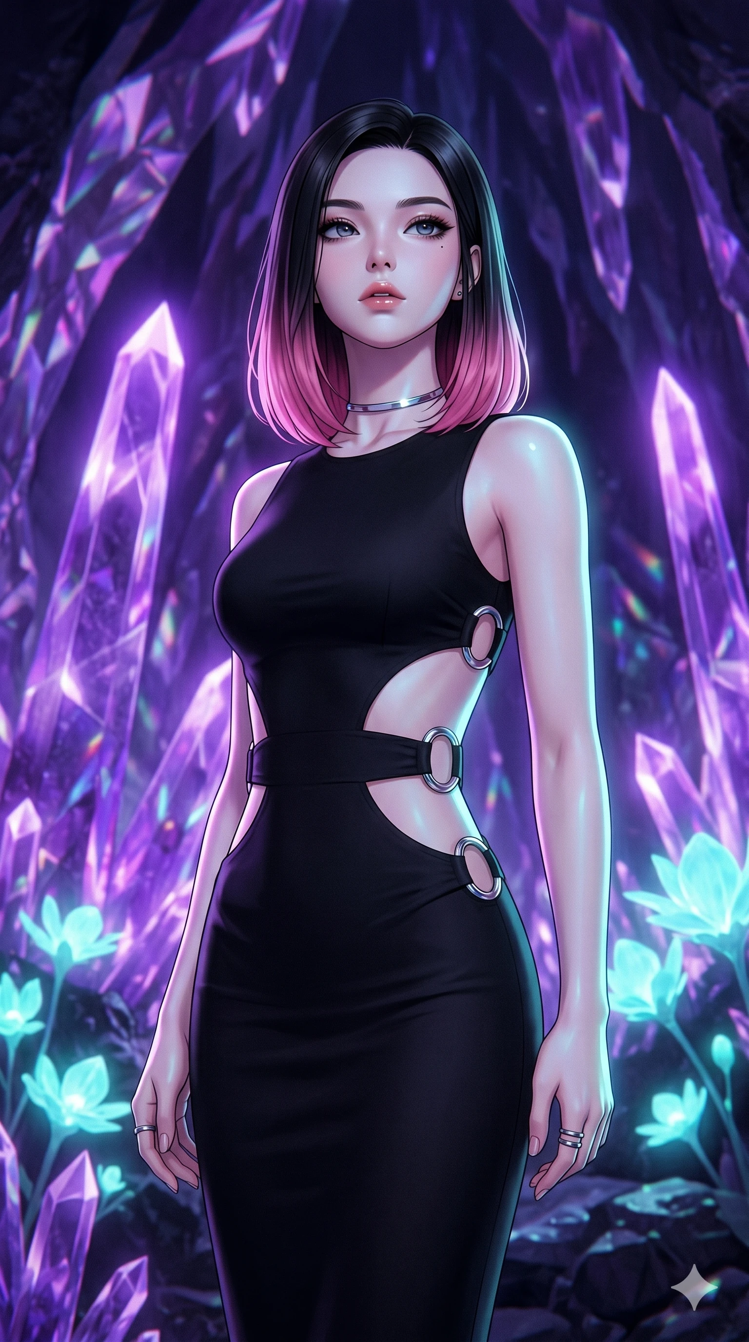 score_9, masterpiece, best quality, ultra-detailed, high-budget anime keyframe, editorial fashion photography, tasteful artistic composition, Korean woman. cowboy shot from the thighs up, character and outfit filling the frame for maximum editorial presence. Tilting her chin up slightly with lips parted in a composed expression inside a crystalline geode cavern lined with towering amethyst spires casting violet prismatic light. She has an absolutely perfect 8-heads proportion, an exceptionally tall and slender female figure with impossibly long slender legs and an ultra-slim waist. V-shaped jawline, high-bridge nose, intricate jewel-like eyes with depth, thick eyelashes, glossy lips with a natural sheen. wearing a precision matte black bodycon midi dress with strategic architectural cutouts at the waist and side torso framed by clean chrome ring hardware, perfectly fitted to her slender form. illuminated by soft aqua bioluminescent light that makes her skin luminously glow against the dark. 2k, ultra detail, master piece, 9:16 ratio