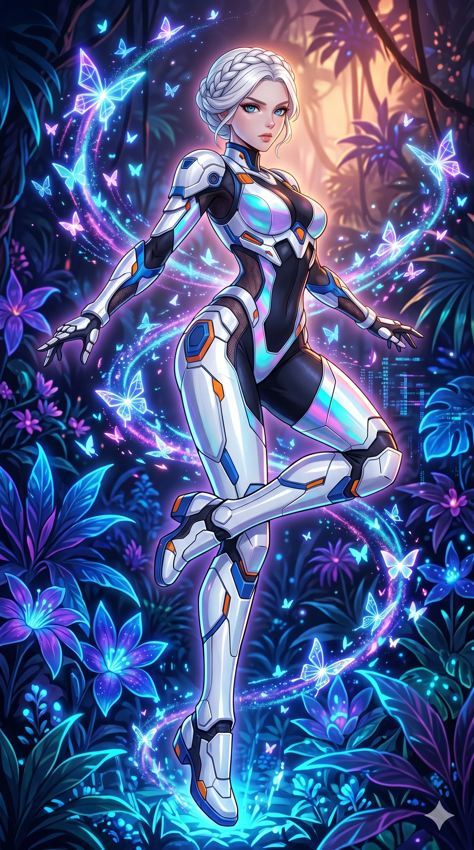 score_9, masterpiece, best quality, ultra-detailed, High-budget Anime Keyframe, vibrant colors, fluid line-art, expressive lighting, cinematic composition, Ufotable-style visual effects, top-tier animation quality, Japanese woman with delicate and elegant anime-inspired features. Dynamic full-body shot stretching the vertical silhouette, capturing her from a powerful low-angle perspective. Surrounded by a swarm of digital butterflies that leave trails of neon dust. She has an absolutely perfect 8-heads proportion, an exceptionally tall and slender female figure with impossibly long slender legs and an ultra-slim waist, her statuesque height and towering silhouette dominating the vertical 9:16 frame. Her face is a masterpiece featuring a sharp v-shaped jawline, high-bridge nose, intricate jewel-like eyes with depth, thick eyelashes, and glossy lips with a natural sheen. She is wearing a White chrome-plated armor plating over a black plugsuit, featuring holographic fabric that shifts colors based on light and peek-a-boo mesh.. The scene is set in a bioluminescent jungle where every leaf and flower glows with a unique frequency. 2k, ultra detail, master piece, 9:16 ratio