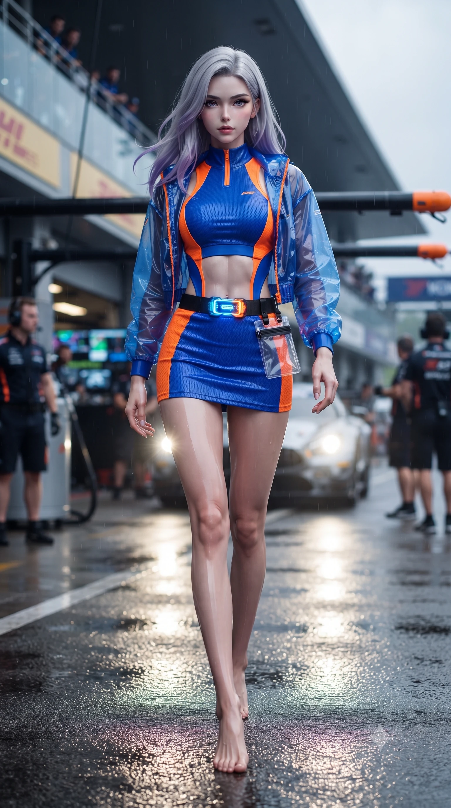 score_9, masterpiece, best quality, ultra-detailed, high-budget anime keyframe, editorial fashion photography, tasteful artistic composition, Caucasian woman. low angle full-body shot from head to toe showing her feet, filling the entire 9:16 vertical frame with her statuesque presence, stretching her vertical silhouette. striding forward in a proud, dynamic supermodel runway stride, hips swaying in an alluring kinetic rhythm that stretches her silhouette while striding dynamically along the wet pitlane pavement as incoming headlights cast long, cinematic specular reflections. The surrounding environment is rendered in vivid detail and crisp panoramic clarity. vibrant high-contrast cyberpunk motorsport chiaroscuro and raw high-speed racing adrenaline in precision. She has an absolutely perfect, statuesque 8.5-heads proportion, an exceptionally tall and slender model-like female figure with impossibly long slender legs, a toned flat midriff, and an ultra-slim waist. sharp v-shaped jawline, high-bridge nose, intricate jewel-like eyes with depth, thick eyelashes, glossy parted lips with a natural sheen, intensely captivating and seductive expression, flawlessly proportioned anatomical accuracy, strict slender model proportions, natural body alignment, perfectly sculpted long slender limbs, ultra-slim waistline, clean dynamic posture without body distortion. wearing a sporty high-cut racerback bodysuit paired with an open technical windbreaker and micro-skirt in electric cobalt blue and high-contrast orange, crafted from compression knit fabric sculpting her athletic hourglass lines, complemented by a neon LED belt buckle and translucent vinyl tool pouch, the athletic second-skin cut highlighting her toned flat midriff and slender model proportions during dynamic action. illuminated by wet specular asphalt bounce lights sculpting her toned midriff, slender waist, and long legs. ultra-reflective glossy finish, specular highlights, rich textural contrasts, high-contrast stereoscopic depth, volumetric dynamic lighting, 2k, ultra detail, master piece, 9:16 ratio