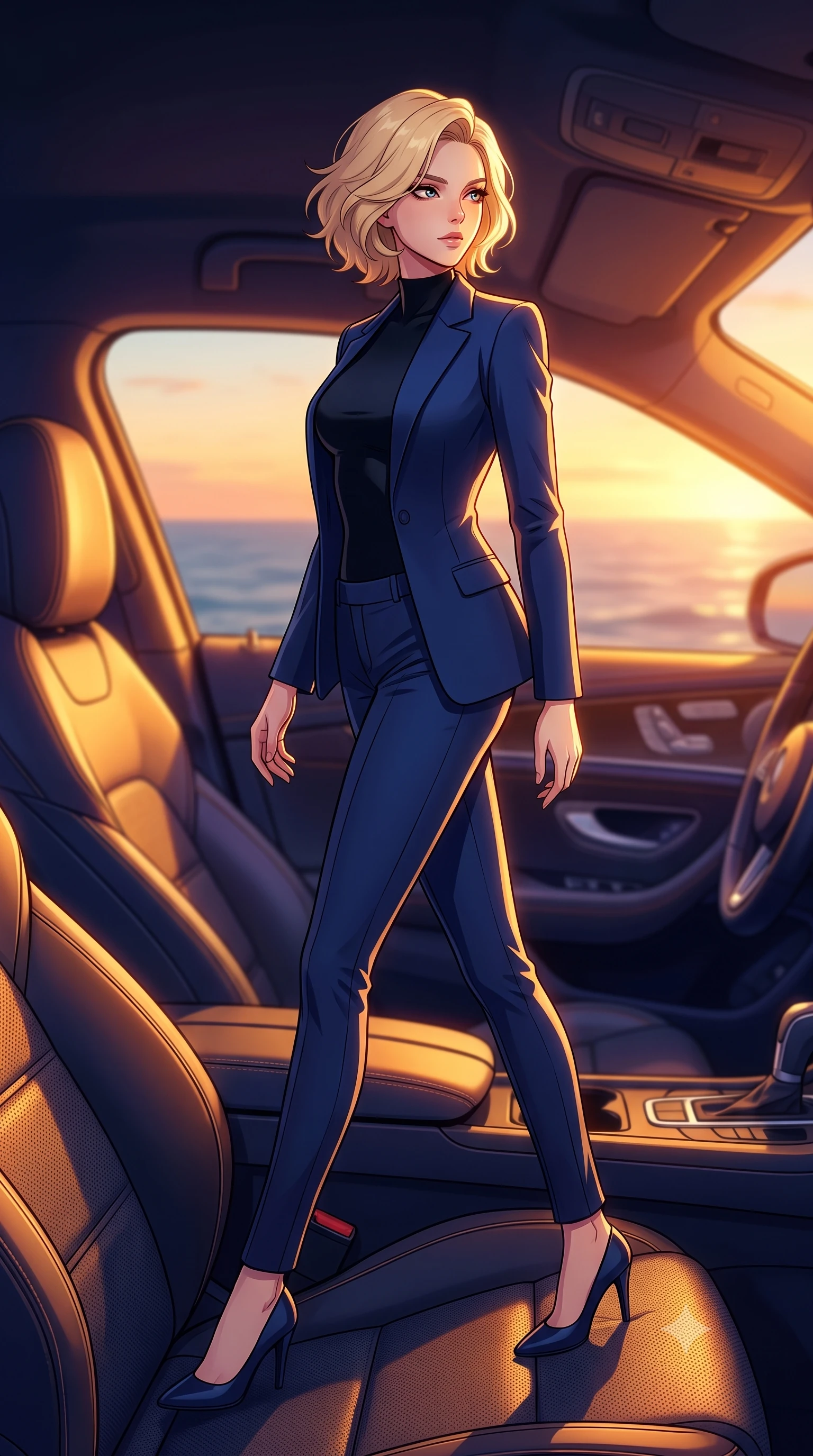 score_9, masterpiece, best quality, ultra-detailed, high-budget anime keyframe, tasteful artistic composition, Caucasian woman. low angle full-body shot from head to toe showing her feet, filling the entire 9:16 vertical frame with her statuesque presence, stretching her vertical silhouette. stepping gracefully while looking back over her shoulder, her dress draped tightly to reveal her silhouette the background shows a soft-focus the passenger seat of a luxury coupe overlooking the ocean horizon at sunset. She has an absolutely perfect, statuesque 8.5-heads proportion, an exceptionally tall and slender model-like female figure with impossibly long slender legs and an ultra-slim waist. sharp v-shaped jawline, high-bridge nose, intricate jewel-like eyes with depth, thick eyelashes, glossy lips with a natural sheen. wearing a body-hugging sleek tailored blazer in navy blue worn closed over a tight-fitting black bodysuit. warm sunset light filtering through the window, painting the interior in orange. highly saturated vibrant anime colors, cel-shading, 2d style, master piece, 9:16 ratio