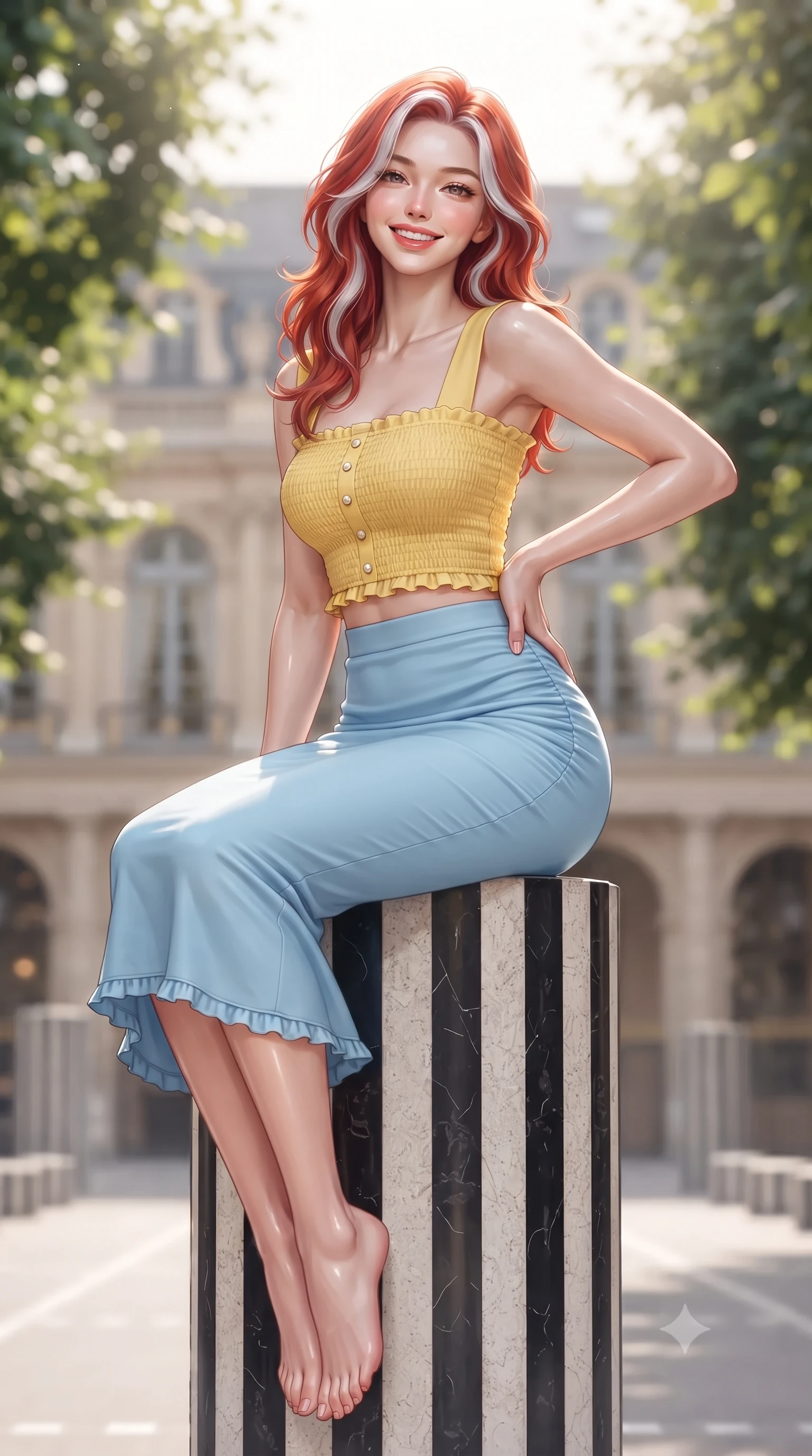 score_9, masterpiece, best quality, ultra-detailed, high-budget anime keyframe, editorial fashion photography, tasteful artistic composition, Caucasian woman. close-up cowboy shot from the waist and thighs up, the character dominates the composition, filling the frame with her large presence. twisting her slender torso in an alluring contrapposto stance, one hand resting on her sculpted hip while flashing a radiant, playful smile with parted glossy lips while sitting perched atop a black-and-white striped Buren column, arching her back with effortless Parisian chic and a bright playful smile. The composition keeps background elements in soft focus with dreamy creamy bokeh. monumental 17th-century palace facades and manicured linden tree arcades blurred into café-au-lait, ivory, and soft green bokeh. She has an exceptionally elegant, slender, and willowy female figure with an ultra-slim waist, flat toned midriff, narrow ribcage, and sculpted feminine hips creating an alluring, slim hourglass silhouette without bulk. sharp v-shaped jawline, high-bridge nose, intricate jewel-like sparkling eyes with depth, thick eyelashes, glossy parted lips with a natural peach sheen, bright cheerful beaming smile with an enchanting and coquettish sensual glint, exuding both youthful cute charm and seductive allure, flawlessly proportioned anatomical accuracy, strict slender model proportions, natural body alignment, perfectly sculpted long slender limbs, ultra-slim waistline, clean dynamic posture without body distortion. wearing a fitted square-neck smocked crop top paired with a curve-hugging ruched mermaid midi skirt in sunny daffodil yellow and clear sky blue, crafted from liquid-tight stretch jersey emphasizing every curve, finished with subtle ruffle trims and delicate pearl buttons, the form-contouring cut accentuating her sculpted flat midriff, narrow delicate ribcage, and gracefully curvy hips with supermodel precision. bathed in soft, elegant afternoon Parisian sunlight filtering through manicured tree alleys. ultra-reflective glossy finish, specular highlights, rich textural contrasts, high-contrast stereoscopic depth, volumetric dynamic lighting, 2k, ultra detail, master piece, 9:16 ratio