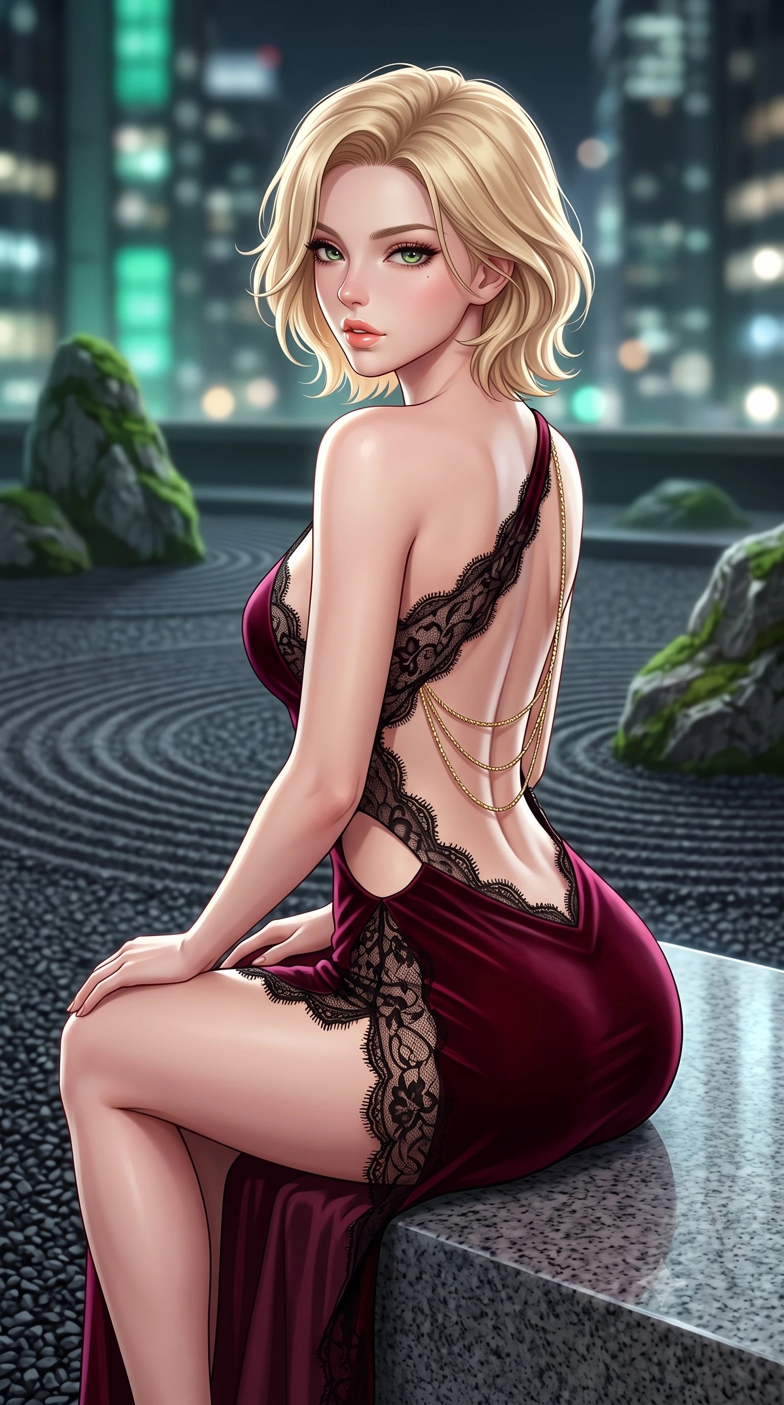 score_9, masterpiece, best quality, ultra-detailed, high-budget anime keyframe, semi-realistic 3D game render, editorial fashion photography, tasteful artistic composition, Caucasian woman. close-up cowboy shot from the waist and thighs up, the character dominates the composition, filling the frame with her large presence. posing in an alluring rear three-quarter angle, looking over a bare shoulder with parted glossy lips, her hips cocked back to highlight her slim hourglass curve while sitting gracefully on the smooth polished granite monolith bench, arching her lower back to emphasize her curvy hips amid raked dark gravel. The background shows a soft-focus raked concentric ripple patterns in dark gravel, sculptural moss-covered boulders, and towering Tokyo skyscraper lights blurred into jade, charcoal, and starlight bokeh. She has an exceptionally elegant, slender, and willowy female figure with an ultra-slim waist, flat toned midriff, narrow ribcage, and sculpted feminine hips creating an alluring, slim hourglass silhouette without bulk. sharp v-shaped jawline, high-bridge nose, sparkling eyes with hypnotic seductive depth, thick curled eyelashes, glossy parted lips with a natural dewy peach sheen, alluring bedroom-eyes with an enchanting coquettish smile, exuding magnetic siren charisma and sophisticated glamour, flawlessly proportioned anatomical accuracy, strict slender model proportions, natural body alignment, perfectly sculpted long slender limbs, ultra-slim waistline, clean dynamic posture without body distortion. wearing an asymmetric one-shoulder liquid jersey gown with dramatic hip-high slit and sculptural waist cutout in deep bordeaux velvet and delicate black chantilly, made of delicate semi-sheer French Chantilly lace with intricate eyelash edges, accented with an open-back drape framed by falling strands of delicate gold chains, the precision-cut side openings and low-back scoop framing her graceful spine and the sensual sweep of her slim, toned hips. illuminated by granite bench reflection fill and sharp platinum-gold rim lights defining her razor-sharp jawline, narrow waist, and curvy hips. highly saturated vibrant anime colors, detailed shading with soft gradients, rich glossy textures, high-contrast stereoscopic depth, volumetric dynamic lighting, master piece, 9:16 ratio