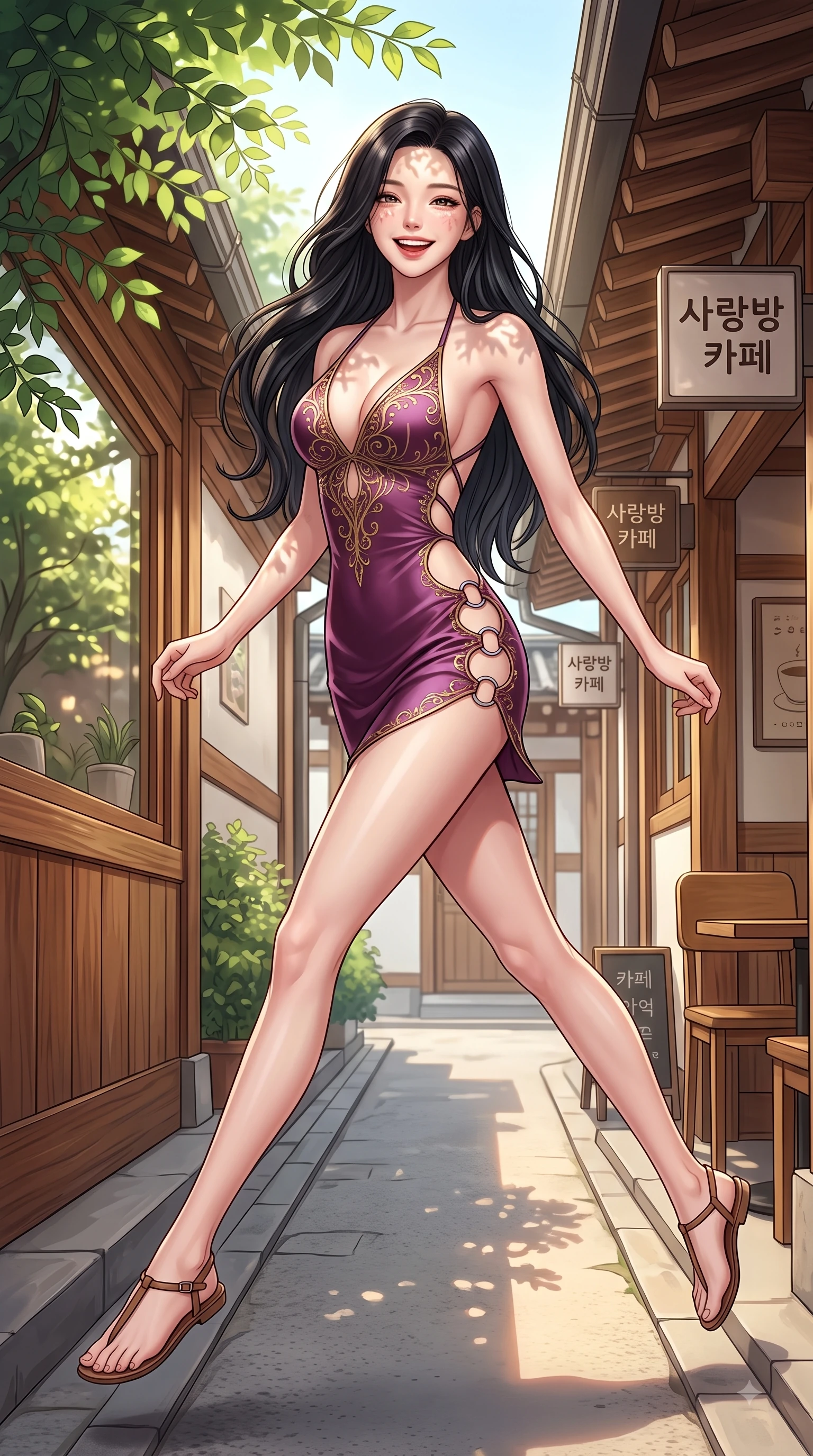 score_9, masterpiece, best quality, ultra-detailed, high-budget anime keyframe, editorial fashion photography, tasteful artistic composition, Korean woman. low angle full-body shot from head to toe showing her feet, filling the entire 9:16 vertical frame with her statuesque presence, stretching her vertical silhouette. leaping with pure youthful energy through mid-air with a radiant bright smile, her impossibly long slender legs stretched in balance while stepping along a quiet Hanok alley lined with artisanal coffee shops under warm sunlight, lush green garden leaves outside casting delicate organic stencil shadows across her face. She has an absolutely perfect, statuesque 8.5-heads proportion, an exceptionally tall and slender model-like female figure with impossibly long slender legs and an ultra-slim waist. sharp v-shaped jawline, high-bridge nose, intricate jewel-like eyes with depth, thick eyelashes, glossy lips with a natural sheen, flawlessly proportioned anatomical accuracy, natural body alignment, perfectly sculpted elegant limbs, clean dynamic posture without body distortion. wearing a deep-scoop halter bodycon dress with hip cutouts connected by silver rings in plum purple and gold filigree, crafted from smooth liquid silk, complemented by criss-cross back straps highlighting her bare shoulders, the sleek second-skin texture accentuating her magnetic presence. surrounded by a cozy, intimate, and relaxing cafe atmosphere. highly saturated vibrant anime colors, detailed shading with soft gradients, rich glossy textures, high-contrast stereoscopic depth, volumetric dynamic lighting, master piece, 9:16 ratio