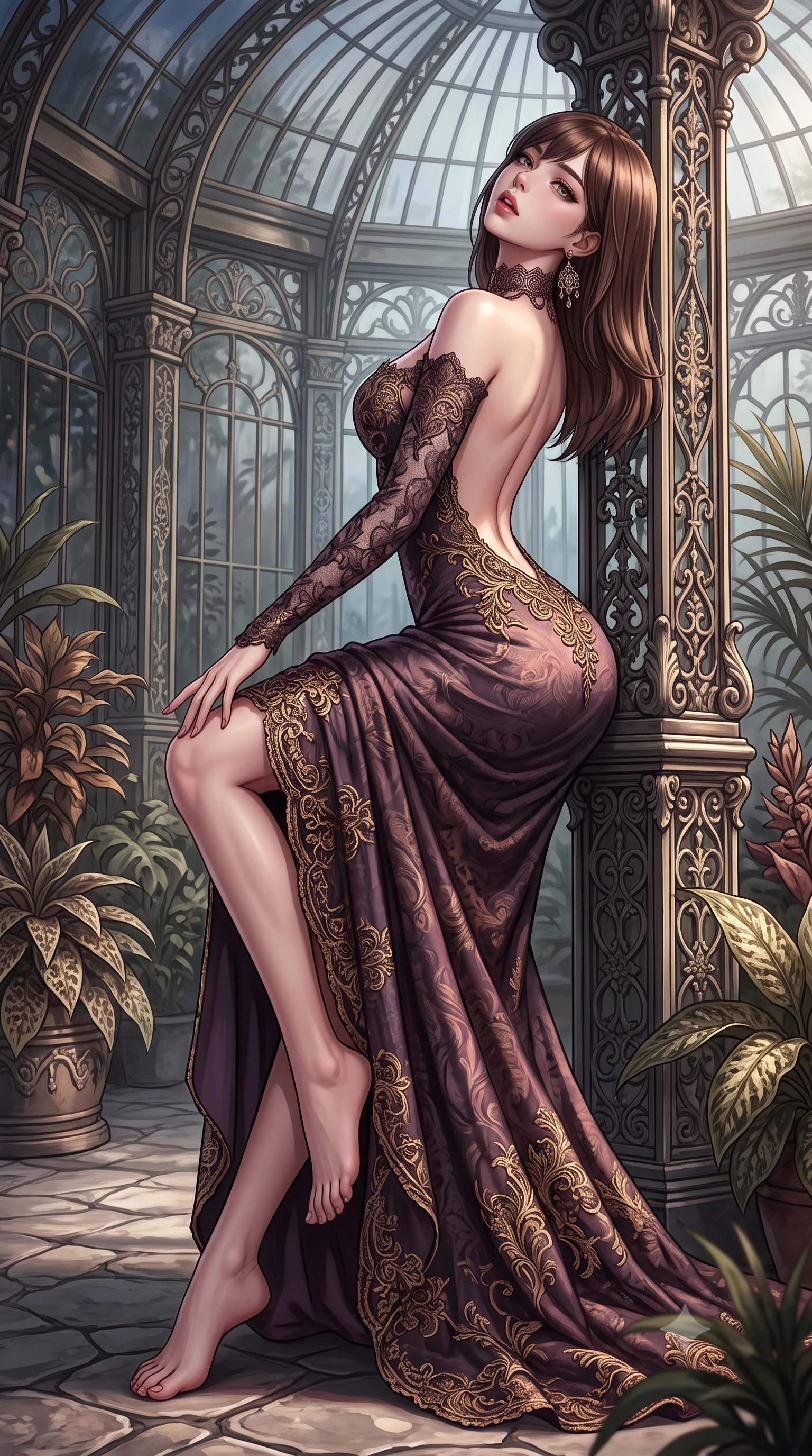 score_9, masterpiece, best quality, ultra-detailed, high-budget anime keyframe, semi-realistic 3D game render, editorial fashion photography, tasteful artistic composition, Korean woman. low angle full-body shot from head to toe showing her feet, filling the entire 9:16 vertical frame with her statuesque presence, stretching her vertical silhouette. reclining back languidly with one knee bent and spine arched in a breathtaking dancer line, commanding the entire 9:16 vertical frame while leaning back against an ornate wrought-iron conservatory pillar, head tilted in ecstasy with parted glossy lips. The surrounding environment is rendered in vivid detail and crisp panoramic clarity. high-contrast gothic romance chiaroscuro and atmospheric Victorian architecture rendered with precision. She has an absolutely perfect, statuesque 8.5-heads proportion, an exceptionally tall and slender model-like female figure with impossibly long slender legs, a toned flat midriff, and an ultra-slim waist. sharp v-shaped jawline, high-bridge nose, intricate jewel-like eyes with depth, thick eyelashes, glossy parted lips with a natural sheen, intensely captivating and seductive expression, flawlessly proportioned anatomical accuracy, strict slender model proportions, natural body alignment, perfectly sculpted long slender limbs, ultra-slim waistline, clean dynamic posture without body distortion. wearing a dark romantic lace-sleeved evening gown with a plunging neckline and bare shoulders in dusky plum violet and antique bronze, made of rich textured jacquard silk with baroque gold thread, finished with a dramatic filigree Victorian choker and chandelier earrings, the dramatically scooped open back descending to the base of her spine, accentuating her razor-sharp statuesque lines and slim hourglass silhouette. surrounded by a seductive, aristocratic, and dangerously alluring vampire queen aura. highly saturated vibrant anime colors, detailed shading with soft gradients, rich glossy textures, high-contrast stereoscopic depth, volumetric dynamic lighting, master piece, 9:16 ratio