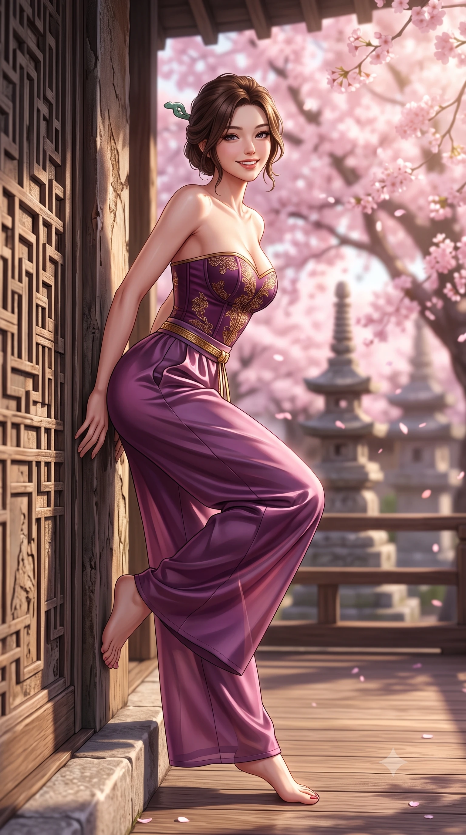 score_9, masterpiece, best quality, ultra-detailed, high-budget anime keyframe, semi-realistic 3D game render, editorial fashion photography, tasteful artistic composition, Korean woman. low angle full-body shot from head to toe showing her feet, filling the entire 9:16 vertical frame with her statuesque presence, stretching her vertical silhouette. leaning deep against the ancient temple wall with hips cocked back in an unapologetically alluring high-fashion stance, flashing a warm beaming smile while sitting perched on the wooden veranda of a historic Yanaka machiya house, arching her lower back with a radiant, teasing smile as sakura petals flutter. The background shows a soft-focus drifting pink cherry blossoms from a massive blooming tree and historic temple stone pagodas blurred into sakura pink, honey, and charcoal bokeh. She has an absolutely perfect, statuesque 8.5-heads proportion, an exceptionally tall and slender model-like female figure with impossibly long slender legs, an ultra-slim waist, a flat toned midriff, narrow delicate ribcage, and beautifully sculpted feminine hips creating a graceful, slim hourglass silhouette without any bulky heaviness. sharp v-shaped jawline, high-bridge nose, intricate jewel-like dark sparkling almond eyes with depth, thick lashes, glossy parted lips with a natural rose-plum sheen, bright alluring and coquettish smile with bedroom-eyes, exuding both timeless oriental elegance and sovereign high-fashion allure, flawlessly proportioned anatomical accuracy, strict slender model proportions, natural body alignment, perfectly sculpted long slender limbs, ultra-slim waistline, clean dynamic posture without body distortion. wearing a strapless structured silk brocade bustier top paired with flowing wide-leg satin palazzo trousers cinched at the waist in rich plum violet and gilded bronze embroidery, tailored from sheer gossamer silk organza with an airy weightless flutter, featuring a modern sculptural jade hair pin securing her loose silky updo, the liquid-tight tailored silk fabric clinging flawlessly to her narrow waist and rounded feminine hips, emphasizing every millimeter of her sculpted slim hourglass curves without any bulky heaviness. bathed in warm, soft spring afternoon sunlight filtering through pink blossom branches. highly saturated vibrant anime colors, detailed shading with soft gradients, rich glossy textures, high-contrast stereoscopic depth, volumetric dynamic lighting, master piece, 9:16 ratio