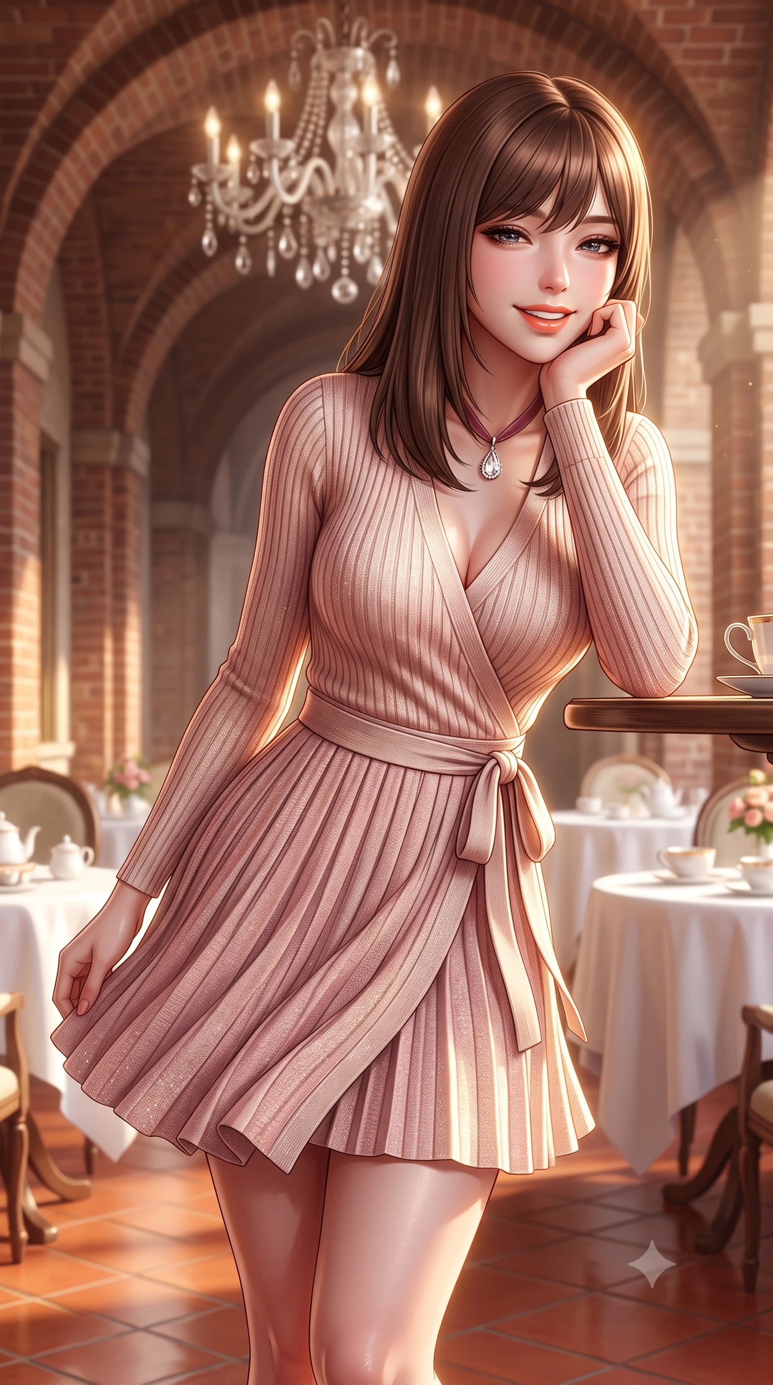 score_9, masterpiece, best quality, ultra-detailed, high-budget anime keyframe, semi-realistic 3D game render, editorial fashion photography, tasteful artistic composition, Korean woman. close-up cowboy shot from the waist and thighs up, the character dominates the composition, filling the frame with her large presence. resting one elbow on the table and supporting her chin, leaning close to the camera with heavy-lidded sparkling eyes and parted lips while walking along the sunny brick arched gallery, her wool pleated skirt swaying in graceful cadence with each step. The background shows a soft-focus antique crystal chandelier and white linen tea tables softened in royal afternoon tea shallow focus. She has an exceptionally elegant, slender, and willowy female figure with an ultra-slim waist, flat toned midriff, narrow ribcage, and sculpted feminine hips creating an alluring, slim hourglass silhouette without bulk. sharp v-shaped jawline, high-bridge nose, intricate jewel-like sparkling eyes with depth, thick eyelashes, glossy parted lips with a natural peach sheen, bright cheerful beaming smile with an enchanting and coquettish sensual glint, exuding both youthful cute charm and seductive allure, flawlessly proportioned anatomical accuracy, strict slender model proportions, natural body alignment, perfectly sculpted long slender limbs, ultra-slim waistline, clean dynamic posture without body distortion. wearing a form-fitting ribbed silk-cashmere wrap dress with a cinched sash belt framing her feminine hourglass proportions in Parisian pastel rose bouclé and cream pearl, woven from stretch metallic lurex knit casting subtle luminous champagne glints across her contours, finished with a narrow velvet neck ribbon and a sparkling teardrop crystal pendant, the second-skin tailored fabric adhering flawlessly to her sculpted flat midriff and slender torso, emphasizing her long leg lines and perfectly proportioned willowy build. illuminated by terracotta floor reflection fill and warm golden rim lights defining her delicate collar and willowy silhouette. highly saturated vibrant anime colors, detailed shading with soft gradients, rich glossy textures, high-contrast stereoscopic depth, volumetric dynamic lighting, master piece, 9:16 ratio