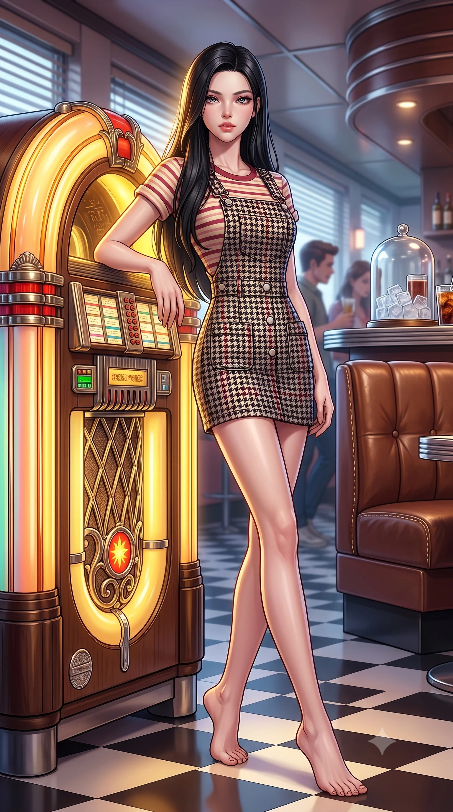score_9, masterpiece, best quality, ultra-detailed, high-budget anime keyframe, semi-realistic 3D game render, editorial fashion photography, tasteful artistic composition, Korean woman. low angle full-body shot from head to toe showing her feet, filling the entire 9:16 vertical frame with her statuesque presence, stretching her vertical silhouette. striding forward in a proud, dynamic supermodel runway stride, her statuesque vertical silhouette commanding the entire frame while leaning against a classic jukebox as warm golden tubes glow behind her, tapping her foot to an old groove. The surrounding environment is rendered in vivid detail and crisp panoramic clarity. detailed brass jukebox buttons, glass ice cube refractions, and leather stool stitching in high clarity. She has an absolutely perfect, statuesque 8.5-heads proportion, an exceptionally tall and slender model-like female figure with impossibly long slender legs, a toned flat midriff, and an ultra-slim waist. sharp v-shaped jawline, high-bridge nose, intricate jewel-like eyes with depth, thick eyelashes, glossy lips with a natural sheen, captivating and magnetic expression, flawlessly proportioned anatomical accuracy, strict slender model proportions, natural body alignment, perfectly sculpted long slender limbs, ultra-slim waistline, clean dynamic posture without body distortion. wearing a vintage corduroy dungaree dress layered over a pastel striped baby-tee with rolled cuffs in classic monochrome houndstooth and cherry red, crafted from ultra-soft brushed fleece and vintage-washed jersey, finished with polished mother-of-pearl buttons and tailored flap pockets, the glove-like aerodynamic second-skin fit tightly clinging to her ultra-slender waist and athletic curves without adding bulk, accentuating her razor-sharp statuesque lines and slim hourglass silhouette. illuminated by soft directional key light defining her high-bridge nose, glossy lips, and slender neckline. highly saturated vibrant anime colors, detailed shading with soft gradients, rich glossy textures, high-contrast stereoscopic depth, volumetric dynamic lighting, master piece, 9:16 ratio