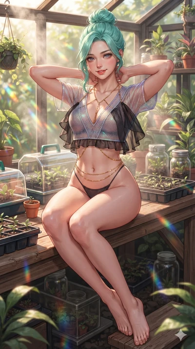 Japanese woman. resting both hands lightly behind her neck with elbows raised, arching her spine to highlight her narrow waist, flat midriff, and breathtaking collarbones while sitting perched on the rustic timber bench with legs extended, holding a miniature terracotta pot with playful, seductive charm. The surrounding environment is rendered...