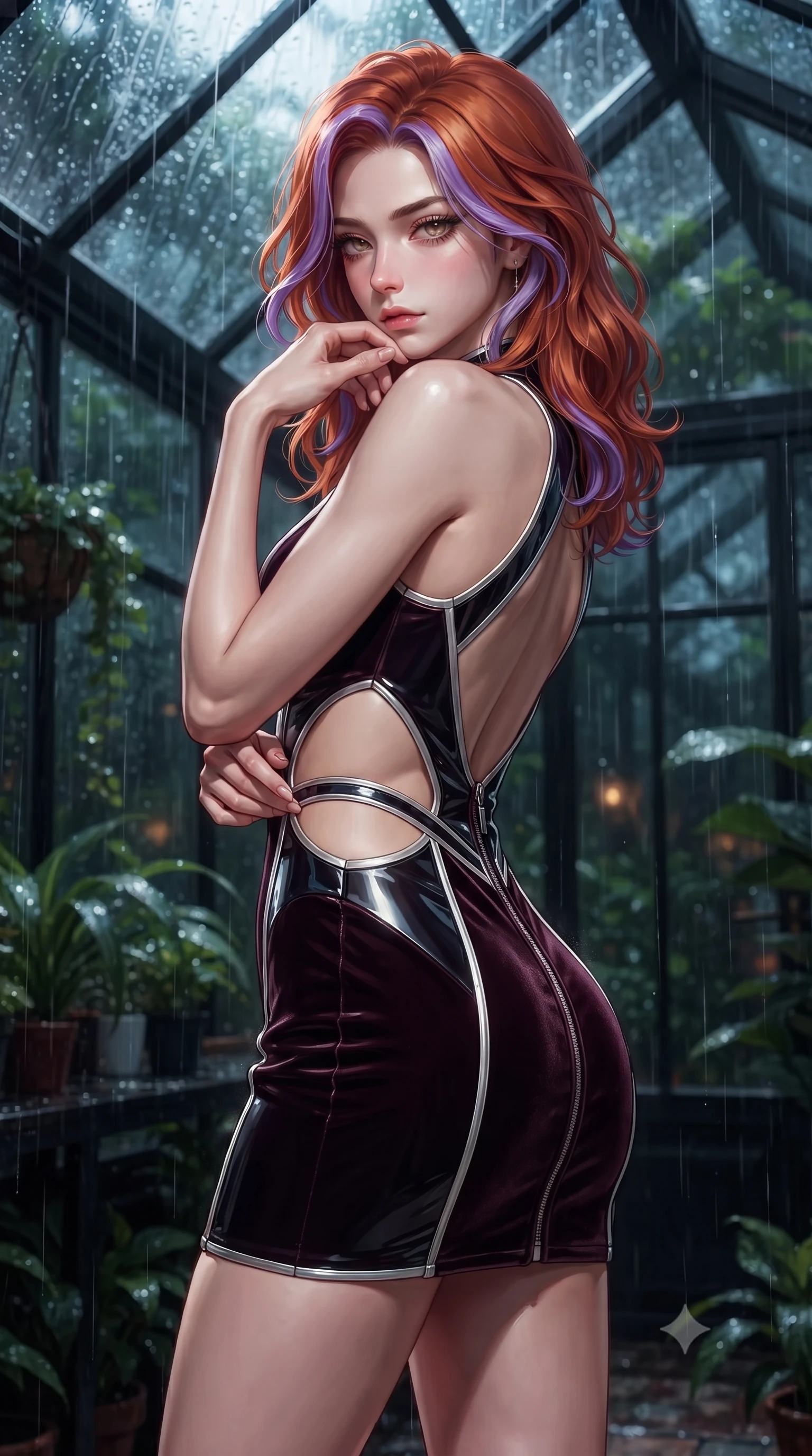 score_9, masterpiece, best quality, ultra-detailed, high-budget anime keyframe, editorial fashion photography, tasteful artistic composition, Caucasian woman. close-up cowboy shot from the waist and thighs up, the character dominates the composition, filling the frame with her large presence, background elements kept in soft focus. Casting a slow, direct gaze beneath heavy lashes with quiet intensity, inside a private greenhouse lounge at 2 AM as torrential rain hits the glass roof, daring open-back outfit revealing her graceful shoulder lines. She has an exceptionally elegant, slender, and willowy female figure with an ultra-slim waist, a gracefully sculpted slender torso, and a refined silhouette. sharp v-shaped jawline, high-bridge nose, intricate jewel-like eyes with depth, thick eyelashes, glossy lips with a natural sheen. wearing dramatic architectural open-waist cutout mini dress in dark velvet framed by chrome hardware in pearl white, made of high-gloss liquid vinyl, finished with metallic silver boning and sleek zipper points, sculpting her athletic slender build with refined precision. bathed in wet rain reflections and deep shadowy background contrast. highly saturated vibrant anime colors, detailed shading with soft gradients, rich glossy textures, high-contrast stereoscopic depth, volumetric dynamic lighting, master piece, 9:16 ratio