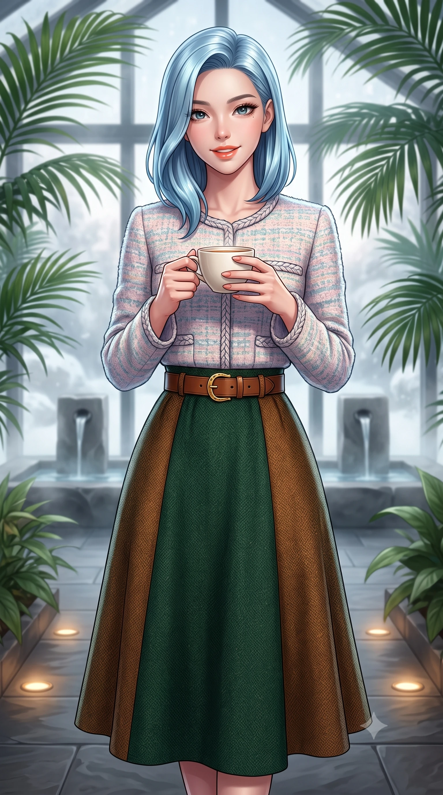 score_9, masterpiece, best quality, ultra-detailed, high-budget anime keyframe, semi-realistic 3D game render, editorial fashion photography, tasteful artistic composition, Korean woman. close-up cowboy shot from the waist and thighs up, the character dominates the composition, filling the frame with her large presence. holding a warm porcelain cup in both hands while tilting her head with an enchanting, beaming smile while standing poised on the warm slate floor of the indoor winter garden pavilion surrounded by lush tropical palms, smiling with serene relaxation. The background shows a soft-focus minimalist stone water features softened in peaceful Swiss alpine wellness sanctuary shallow focus. She has an exceptionally elegant, slender, and willowy female figure with an ultra-slim waist, flat toned midriff, narrow ribcage, and sculpted feminine hips creating an alluring, slim hourglass silhouette without bulk. sharp v-shaped jawline, high-bridge nose, intricate jewel-like sparkling eyes with depth, thick eyelashes, glossy parted lips with a natural peach sheen, bright cheerful beaming smile with an enchanting and coquettish sensual glint, exuding both youthful cute charm and seductive allure, flawlessly proportioned anatomical accuracy, strict slender model proportions, natural body alignment, perfectly sculpted long slender limbs, ultra-slim waistline, clean dynamic posture without body distortion. wearing a collarless pastel bouclé tweed jacket with braided trims paired with a coordinating high-waisted A-line midi skirt in heritage British racing green and warm cognac brown, tailored from heritage British Harris Tweed with rich multi-tonal yarn weave, finished with a smooth equestrian bridle-leather belt with a polished brass horseshoe buckle, the structured cinched belt emphasizing her narrow waistline and gracefully balanced proportions with timeless haute-couture polish. bathed in calm diffused winter daylight filtering through steamy glass panes combined with warm 2800K recessed floor lights. highly saturated vibrant anime colors, detailed shading with soft gradients, rich glossy textures, high-contrast stereoscopic depth, volumetric dynamic lighting, master piece, 9:16 ratio