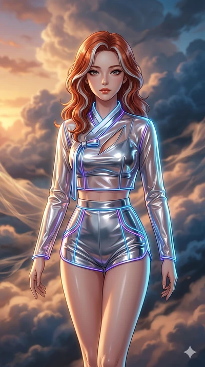 score_9, masterpiece, best quality, ultra-detailed, high-budget anime keyframe, Korean woman. upper body close-up from the thighs up, character filling the screen for maximum presence. threading through a volumetric cloud weave where storm clouds are