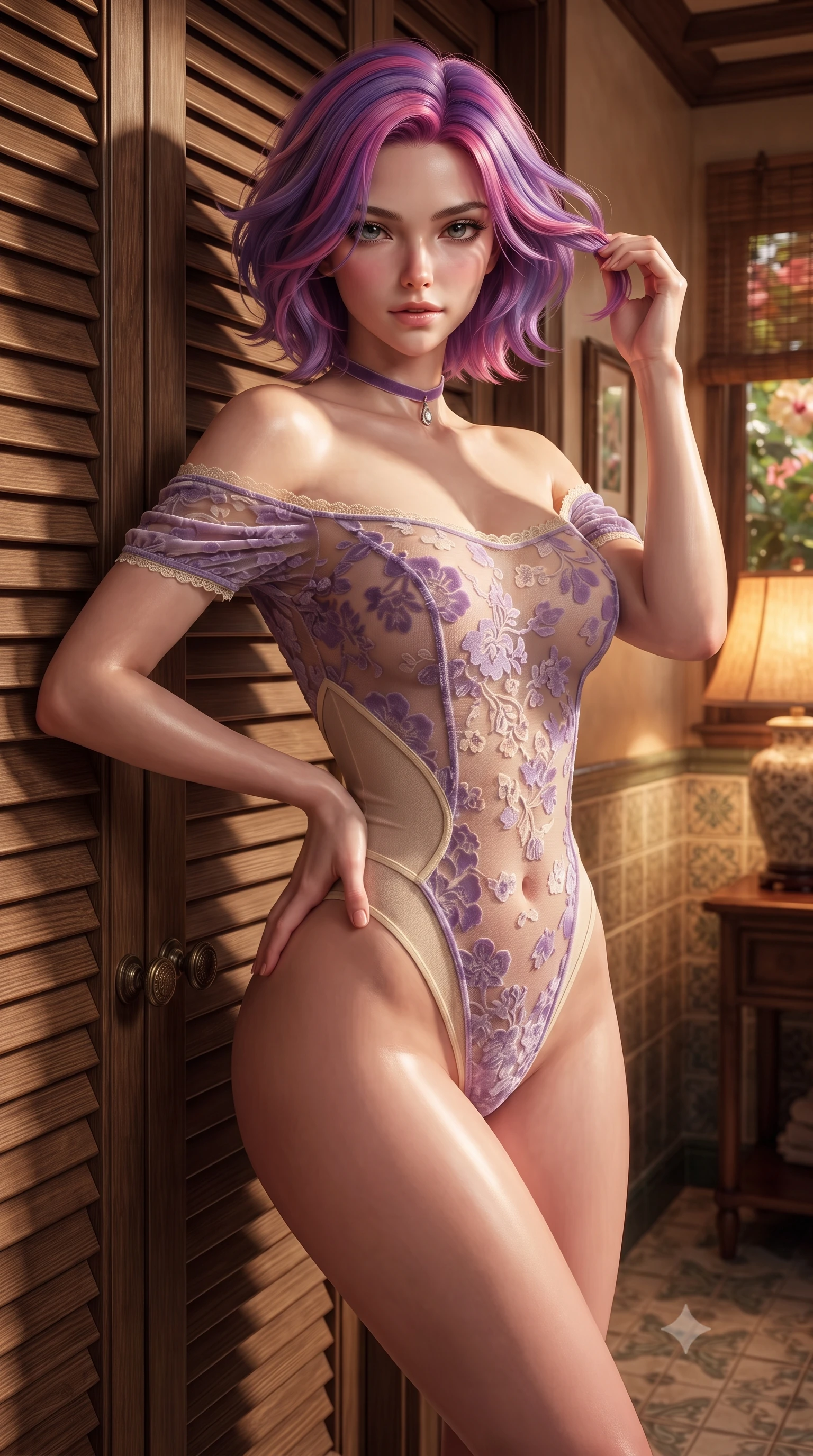 score_9, masterpiece, best quality, ultra-detailed, high-budget anime keyframe, editorial fashion photography, tasteful artistic composition, Caucasian woman. close-up cowboy shot from the waist and thighs up, the character dominates the composition, filling the frame with her large presence. twisting her slender torso in an alluring contrapposto stance, one hand resting on her sculpted hip while her fingers toy with her hair with effortless poise while leaning against the french louvered lanai door with hips cocked back, looking through hibiscus shadows with smoldering bedroom-eyes. The surrounding environment is rendered in vivid detail and crisp panoramic clarity: detailed outfit silhouette, fabric cling, and vintage Beverly Hills interior craft in high resolution. She has an exceptionally elegant, slender, and willowy female figure with an ultra-slim waist, flat toned midriff, narrow ribcage, and sculpted feminine hips creating an alluring, slim hourglass silhouette without bulk. sharp v-shaped jawline, high-bridge nose, intricate jewel-like sparkling eyes with depth, thick eyelashes, glossy parted lips with a natural peach sheen, bright cheerful beaming smile with an enchanting and coquettish sensual glint, exuding both youthful cute charm and seductive allure, flawlessly proportioned anatomical accuracy, strict slender model proportions, natural body alignment, perfectly sculpted long slender limbs, ultra-slim waistline, clean dynamic posture without body distortion. wearing an off-the-shoulder sheer-illusion mesh bodysuit with strategic floral flocking and high-cut leg openings in Luberon lavender purple and Provençal limestone cream, tailored from ultra-plush silk velvet with rich tactile depth and deep shadow gradients, finished with a thin velvet ribbon choker and a single teardrop diamond pendant, the precision-cut side openings and low-back scoop framing her graceful spine and the sensual sweep of her slim, toned hips. bathed in the warm, flattering 2700K incandescent glow of rattan table lamps and soft garden up-lights. ultra-reflective glossy finish, specular highlights, rich textural contrasts, high-contrast stereoscopic depth, volumetric dynamic lighting, 2k, ultra detail, master piece, 9:16 ratio