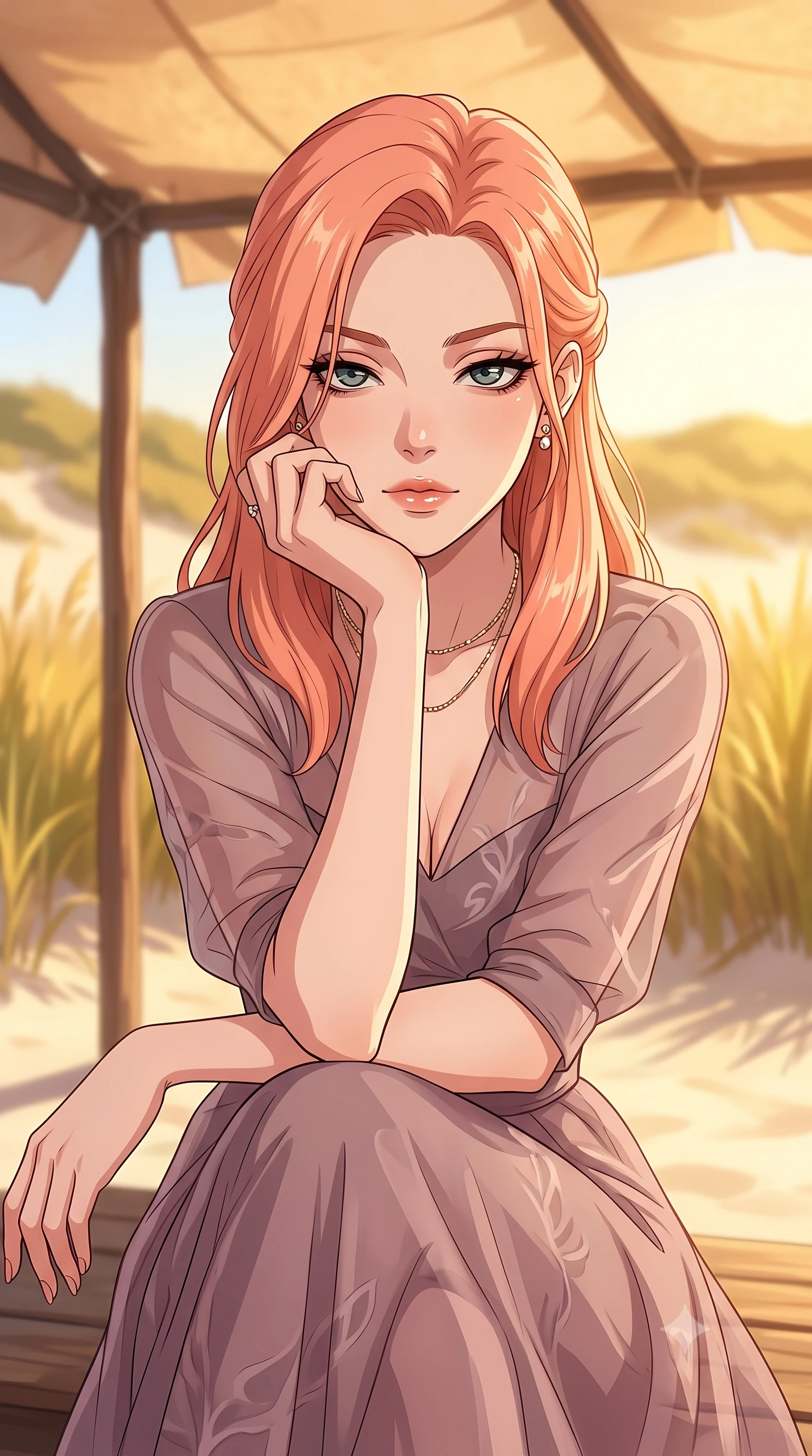 score_9, masterpiece, best quality, ultra-detailed, high-budget anime keyframe, tasteful artistic composition, Japanese woman. close-up cowboy shot from the waist and thighs up, the character dominates the composition, filling the frame with her large presence, background elements kept in soft focus. resting her chin on the backs of her fingers, casting a heavy-lidded, sultry look past the camera the background shows a soft-focus a secluded beach dune pavilion with paper canopy, surrounded by tall beachgrass. She has an exceptionally elegant, slender, and willowy female figure with an ultra-slim waist, a gracefully sculpted slender torso, and a refined silhouette. sharp v-shaped jawline, high-bridge nose, intricate jewel-like eyes with depth, thick eyelashes, glossy lips with a natural sheen. wearing a tailored sheer organza dress in dusty mauve, showing her slender torso and willowy silhouette. warm golden afternoon sunlight bathing the sands in a soft glow. highly saturated vibrant anime colors, cel-shading, 2d style, master piece, 9:16 ratio