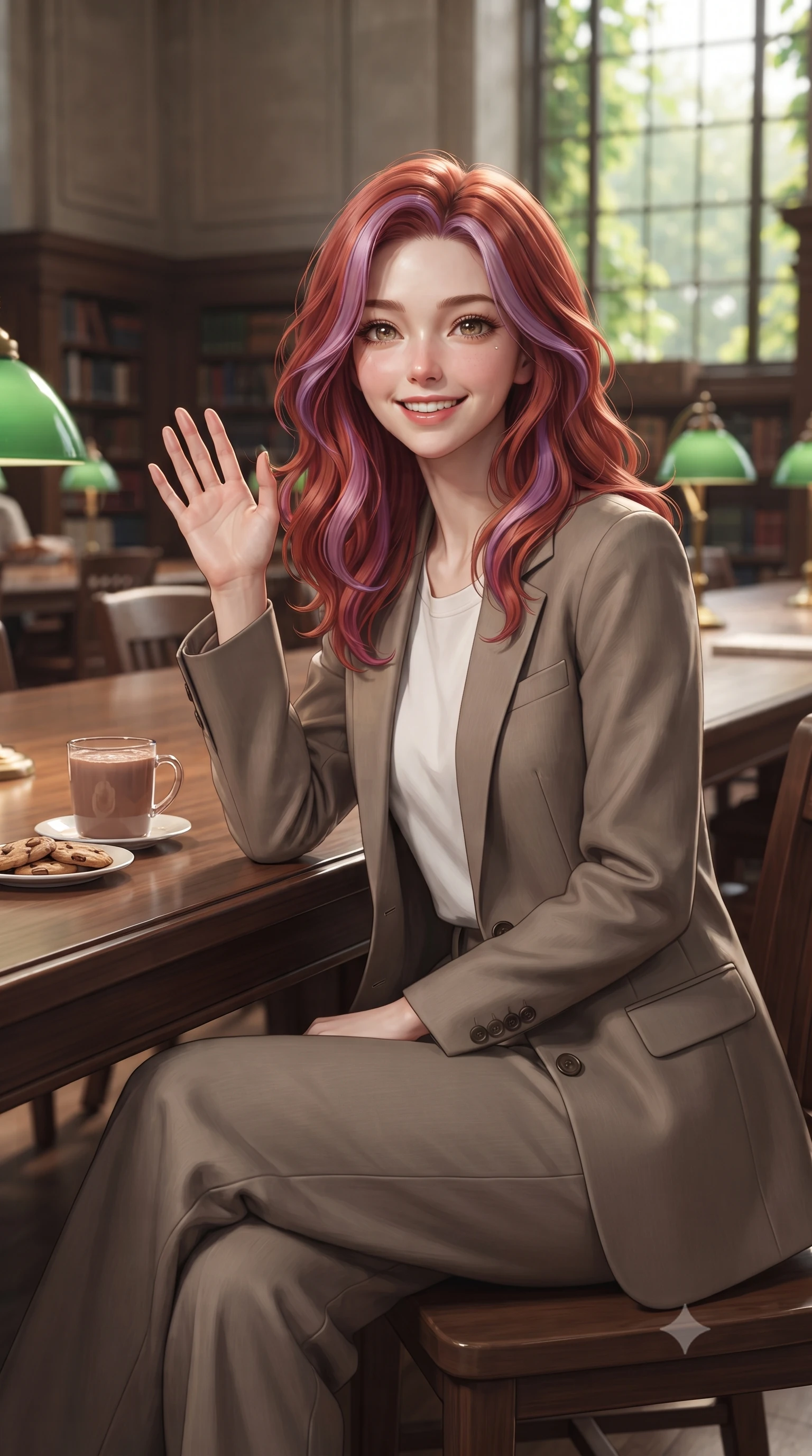 score_9, masterpiece, best quality, ultra-detailed, high-budget anime keyframe, editorial fashion photography, tasteful artistic composition, Caucasian woman. close-up cowboy shot from the waist and thighs up, the character dominates the composition, filling the frame with her large presence, background elements kept in soft focus. flashing a sweet, beaming smile while waving one hand gently toward the camera set against a soft-focus background of in a high-ceilinged grand reading room with long study tables and green lamps with a warm mug of cocoa and a small plate of cookies on the desk. She has an exceptionally elegant, slender, and willowy female figure with an ultra-slim waist, a gracefully sculpted slender torso, and a refined silhouette. sharp v-shaped jawline, high-bridge nose, intricate jewel-like eyes with depth, thick eyelashes, glossy lips with a natural sheen. wearing form-contouring tailored casual blazer in taupe, paired with a loose tee and wide-leg trousers. soft afternoon daylight filtered through green leaves outside the window. ultra-reflective glossy finish, specular highlights, metallic sheen, high-contrast stereoscopic depth, volumetric dynamic lighting, 2k, ultra detail, master piece, 9:16 ratio