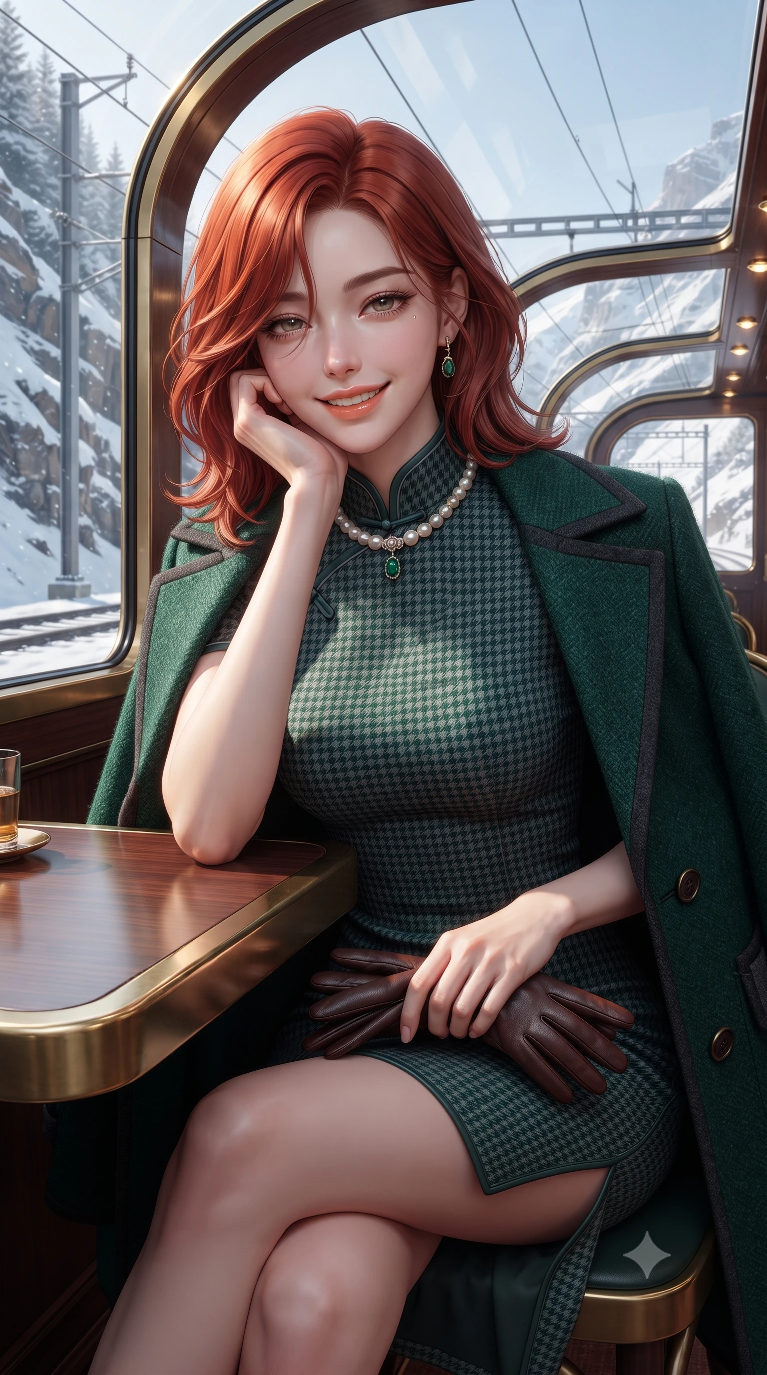 score_9, masterpiece, best quality, ultra-detailed, high-budget anime keyframe, editorial fashion photography, tasteful artistic composition, Korean woman. close-up cowboy shot from the waist and thighs up, the character dominates the composition, filling the frame with her large presence. resting one elbow on the table and supporting her chin, leaning close to the camera with heavy-lidded sparkling eyes and parted lips while sitting poised at the brass-trimmed wood dining table beneath the curved glass ceiling, watching snow canyons sweep past with an enchanted smile. The surrounding environment is rendered in vivid detail and crisp panoramic clarity: detailed wool cape coat drape, leather gloves held in hand, and Swiss heritage rail engineering in razor-sharp precision. She has an exceptionally elegant, slender, and willowy female figure with an ultra-slim waist, flat toned midriff, narrow ribcage, and sculpted feminine hips creating an alluring, slim hourglass silhouette without bulk. sharp v-shaped jawline, high-bridge nose, intricate jewel-like sparkling eyes with depth, thick eyelashes, glossy parted lips with a natural peach sheen, bright cheerful beaming smile with an enchanting and coquettish sensual glint, exuding both youthful cute charm and seductive allure, flawlessly proportioned anatomical accuracy, strict slender model proportions, natural body alignment, perfectly sculpted long slender limbs, ultra-slim waistline, clean dynamic posture without body distortion. wearing a modern form-fitting silk-knit cheongsam-inspired dress with subtle standing collar and snug tailored waist darts in St. Moritz pine forest emerald and heather grey, tailored from stretch wool crepe providing structured compression and razor-sharp bodycon lines, complemented by an antique baroque pearl choker accentuating her delicate neck and collarbones, the snug waist-cinching tailoring accentuating her ultra-slim waistline and the enchanting curve of her feminine hips with alluring seductive charm. illuminated by cherrywood interior reflection fill and sharp silver-gold rim lights defining her razor-sharp jawline and willowy silhouette. ultra-reflective glossy finish, specular highlights, rich textural contrasts, high-contrast stereoscopic depth, volumetric dynamic lighting, 2k, ultra detail, master piece, 9:16 ratio