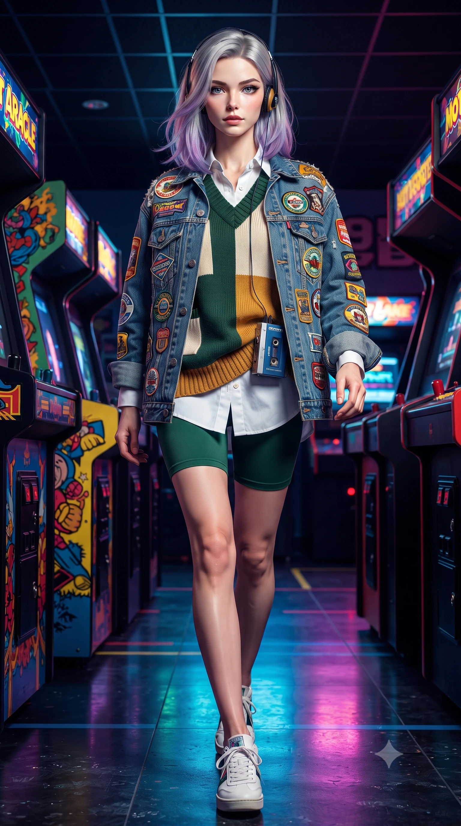score_9, masterpiece, best quality, ultra-detailed, high-budget anime keyframe, editorial fashion photography, tasteful artistic composition, Caucasian woman. low angle full-body shot from head to toe showing her feet, filling the entire 9:16 vertical frame with her statuesque presence, stretching her vertical silhouette. striding forward in a proud, dynamic supermodel runway stride, her statuesque vertical silhouette commanding the entire frame while standing in a buzzing 1980s neon arcade game center, wearing retro on-ear foam headphones plugged into a vintage cassette Walkman. The surrounding environment is rendered in vivid detail and crisp panoramic clarity. detailed denim jacket patches, arcade cabinet side art, and floor neon reflections in high resolution. She has an absolutely perfect, statuesque 8.5-heads proportion, an exceptionally tall and slender model-like female figure with impossibly long slender legs, a toned flat midriff, and an ultra-slim waist. sharp v-shaped jawline, high-bridge nose, intricate jewel-like eyes with depth, thick eyelashes, glossy lips with a natural sheen, captivating and magnetic expression, flawlessly proportioned anatomical accuracy, strict slender model proportions, natural body alignment, perfectly sculpted long slender limbs, ultra-slim waistline, clean dynamic posture without body distortion. wearing an oversized 90s knit sweater vest worn over a crisp white boyfriend shirt and cycling shorts in forest green, cream, and mustard yellow, made of crisp lightweight vintage crinkle nylon, finished with a dainty waist ribbon bow and scalloped hemline trims, the sleek tailored cut tightly hugging her graceful clavicle, narrow waist, and feminine curves with statuesque precision. illuminated by crisp directional highlights defining her toned midriff, slender waist, and long legs. ultra-reflective glossy finish, specular highlights, rich textural contrasts, high-contrast stereoscopic depth, volumetric dynamic lighting, 2k, ultra detail, master piece, 9:16 ratio