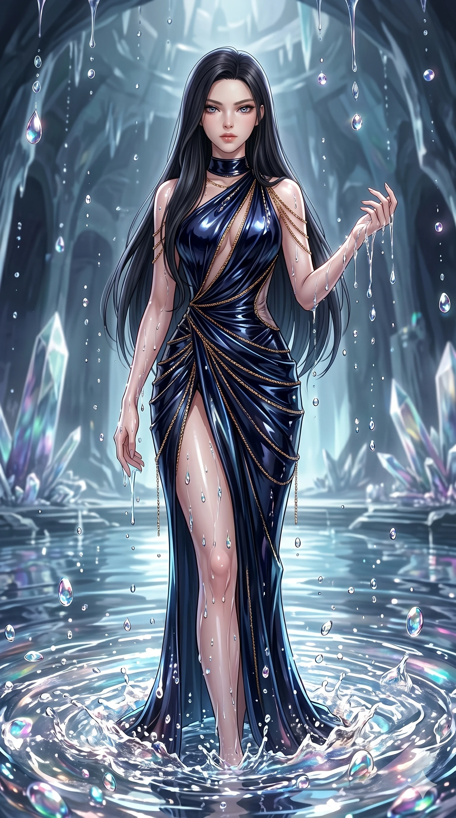 score_9, masterpiece, best quality, ultra-detailed, High-budget Anime Keyframe, East Asian woman. Dynamic full-body shot stretching the vertical silhouette to the limit. Scenario 94: Rising from a pool of shimmering fluid environment, droplets rolling off her skin. Her presence is magnetic and overpowering in this high-budget anime scene. Outfit 94: A patent leather fine technical fiber with a artistically draped detail and fine gold chains. The clothing is designed to emphasize her exceptionally tall and slender 8-heads proportion. 8-heads proportion, towering silhouette, ultra-slim waist. sharp v-shaped jawline, intricate jewel-like eyes with depth, thick eyelashes, glossy lips. 2k, ultra detail, master piece, 9:16 ratio