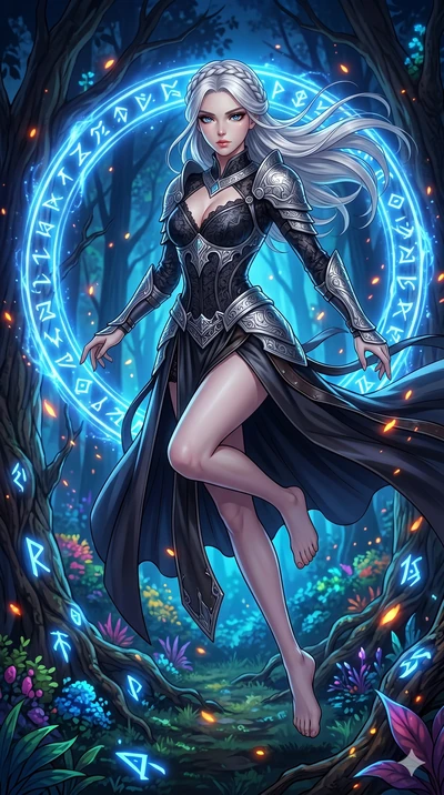 score_9, masterpiece, best quality, ultra-detailed, Set C: High-budget Anime Keyframe, Korean woman. Low angle cowboy shot filling the entire 9:16 frame with her statuesque presence. Leaping through a ring of glowing runes in an ancient forest. She h