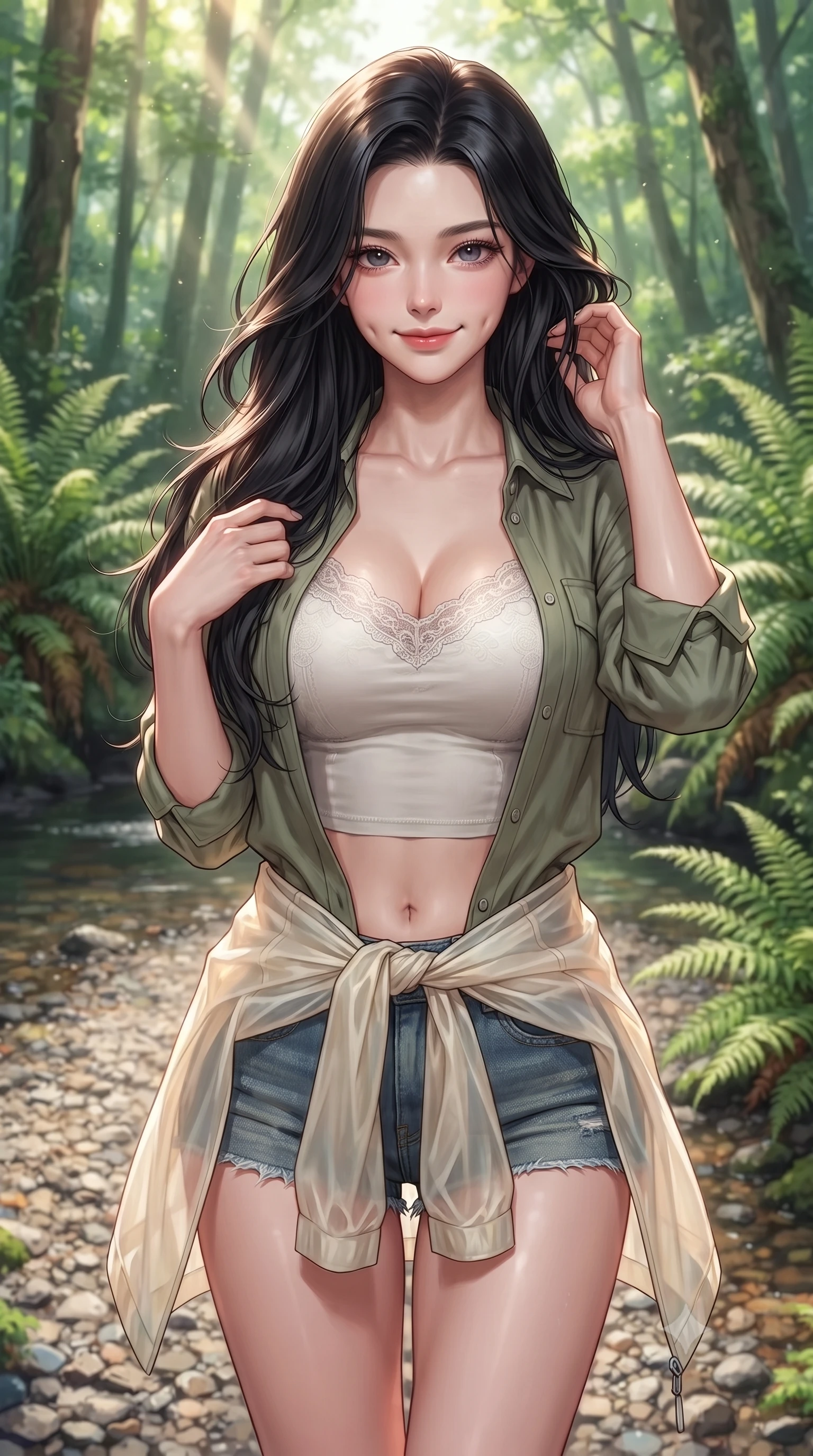 score_9, masterpiece, best quality, ultra-detailed, high-budget anime keyframe, editorial fashion photography, tasteful artistic composition, Korean woman. close-up cowboy shot from the waist and thighs up, the character dominates the composition, filling the frame with her large presence, background elements kept in soft focus. smiling with soft, captivating dimples, casting a warm yet magnetic gaze directly into the lens set against a soft-focus background of on a gravel bank of a forest stream surrounded by tall ferns and trees carrying a light windbreaker jacket tied around her waist. She has an exceptionally elegant, slender, and willowy female figure with an ultra-slim waist, a gracefully sculpted slender torso, and a refined silhouette. sharp v-shaped jawline, high-bridge nose, intricate jewel-like eyes with depth, thick eyelashes, glossy lips with a natural sheen. wearing slim-fit delicate lace-accented crop top under an open utility shirt, paired with micro-shorts. dappled sunbeams filtering through the dense green forest canopy. highly saturated vibrant anime colors, detailed shading with soft gradients, rich glossy textures, high-contrast stereoscopic depth, volumetric dynamic lighting, master piece, 9:16 ratio