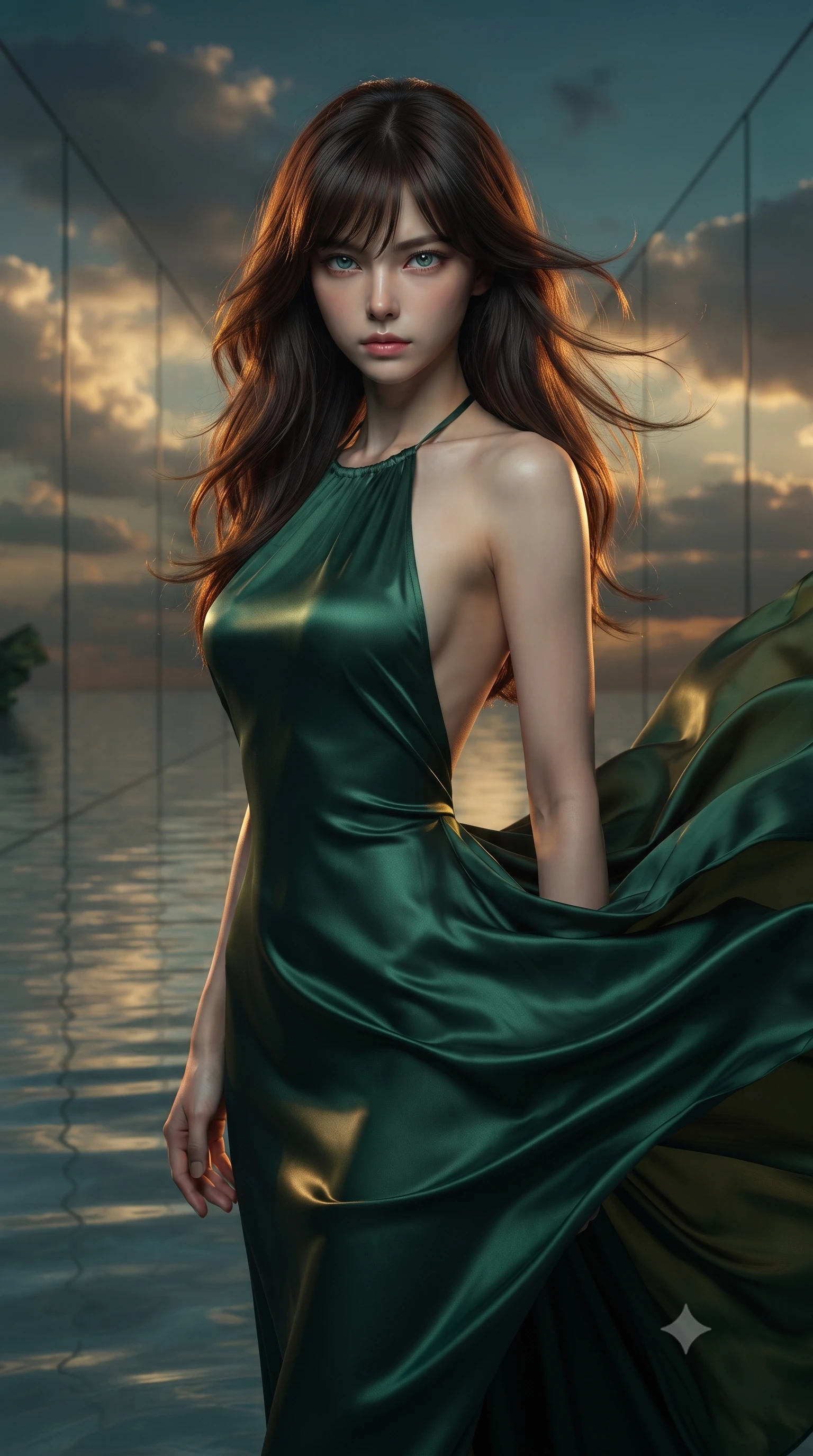 score_9, masterpiece, best quality, ultra-detailed, high-budget anime keyframe, editorial fashion photography, tasteful artistic composition, realistic cosplay photography, Korean woman. close-up cowboy shot from the waist and thighs up, the character dominates the composition, filling the frame with her large presence, background elements kept in soft focus. Bracing against a heavy gust of wind, her expression resolute and eyes blazing with power. set against a soft-focus background of a hall where the floor is water and walls are mirrors, reflecting a sky filled with gold-threaded clouds. She has an exceptionally elegant and slender, willowy female figure with an ultra-slim waist, a gracefully sculpted slender torso, and a refined slim physique. sharp v-shaped jawline, high-bridge nose, intricate jewel-like eyes with depth, thick eyelashes, glossy lips with a natural sheen. wearing the lightweight fabric rippling and billowing dramatically with her movement, a body-hugging backless halter-neck silk dress in deep forest green, flowing elegantly along her slender figure. warm amber rim lighting combined with cool teal fill light creating dramatic contrast. ultra-reflective glossy finish, specular highlights, metallic sheen, high-contrast stereoscopic depth, volumetric dynamic lighting, 2k, ultra detail, master piece, 9:16 ratio