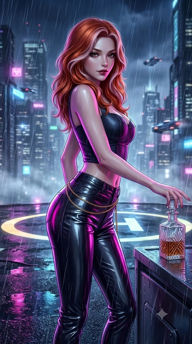 score_9, masterpiece, best quality, ultra-detailed, high-budget anime keyframe, semi-realistic 3D game render, editorial fashion photography, tasteful artistic composition, Caucasian woman. close-up cowboy shot from the waist and thighs up, the character dominates the composition, filling the frame with her large presence. twisting her slender torso in an alluring S-curve while reaching for a vintage crystal decanter, her dark tailored fit highlighting her hourglass curves while standing poised in the center of the illuminated circular helipad as rain whips across the tarmac, arching her back with sovereign cyberpunk siren grace. The background shows a soft-focus cyberpunk megalopolis skyline softened in torrential rain shallow focus. She has an exceptionally elegant, slender, and willowy female figure with an ultra-slim waist, flat toned midriff, narrow ribcage, and sculpted feminine hips creating an alluring, slim hourglass silhouette without bulk. sharp v-shaped jawline, high-bridge nose, intricate jewel-like dark sparkling eyes with dangerous depth, thick curled eyelashes, glossy parted lips with a rich wine sheen, smoldering seductive half-smile with bedroom-eyes, exuding effortless superiority and intoxicating dark allure, flawlessly proportioned anatomical accuracy, strict slender model proportions, natural body alignment, perfectly sculpted long slender limbs, ultra-slim waistline, clean dynamic posture without body distortion. wearing a cropped structured bodice top paired with ultra-fitted high-waisted leather trousers tracing her hips in wet asphalt charcoal and neon magenta reflections, crafted from wet-look high-gloss vinyl fabric with dazzling specular surface reflections, finished with a delicate gold snake chain belt resting loosely across her curvy hips, the impeccably tailored cut draping gracefully along her slender figure with aristocratic noir poise. illuminated by wet tarmac puddle bounce and sharp ultraviolet rim lights sculpting her razor-sharp jawline, narrow waist, and curvy hips. highly saturated vibrant anime colors, detailed shading with soft gradients, rich glossy textures, high-contrast stereoscopic depth, volumetric dynamic lighting, master piece, 9:16 ratio
