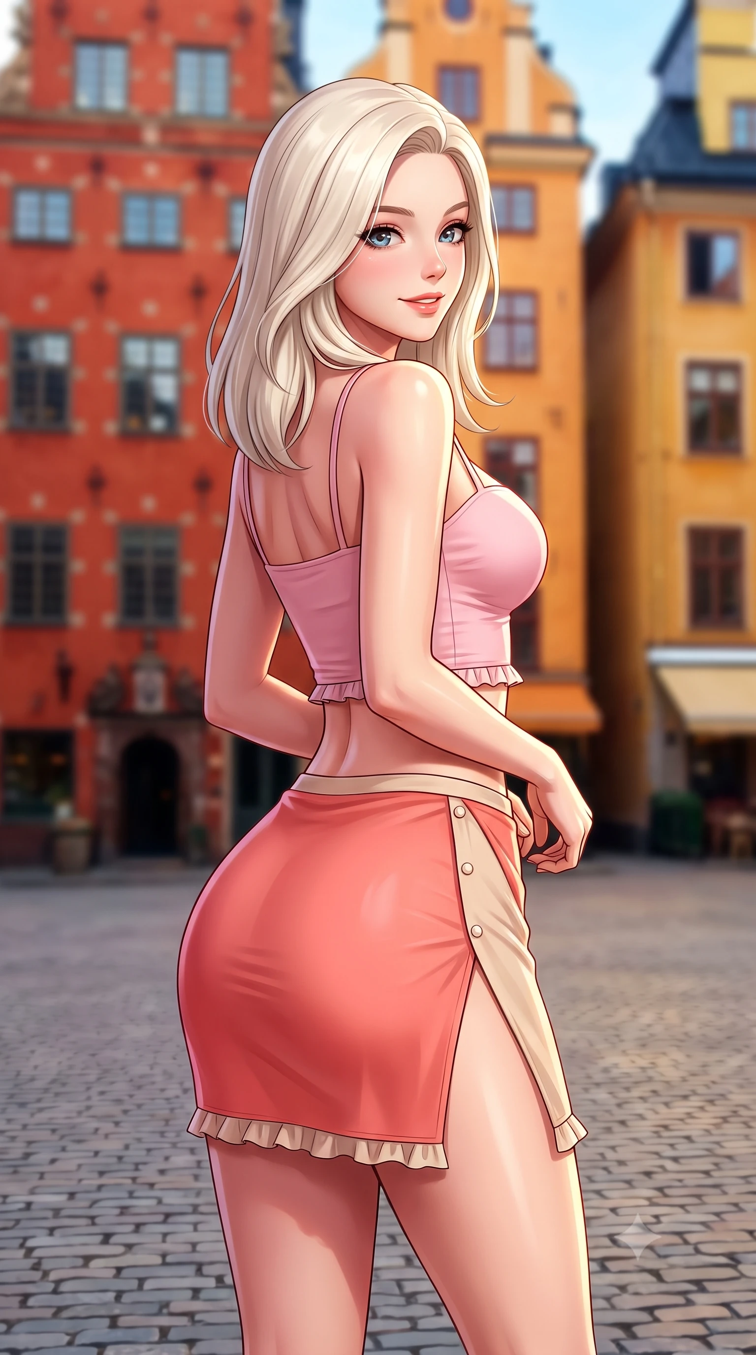 score_9, masterpiece, best quality, ultra-detailed, high-budget anime keyframe, semi-realistic 3D game render, editorial fashion photography, tasteful artistic composition, Caucasian woman. close-up cowboy shot from the waist and thighs up, the character dominates the composition, filling the frame with her large presence. posing in an alluring rear three-quarter angle, turning over a bare shoulder with an intoxicating cute smile, her hips cocked back to highlight her slim hourglass curve while standing in the historic cobblestone square in front of tall 17th-century terracotta and mustard merchant houses, arching her back with a radiant Nordic smile. The composition keeps background elements in soft focus with dreamy creamy bokeh. tall gabled 17th-century terracotta and ochre merchant houses blurred into warm mustard, brick-red, and pale sky-blue bokeh. She has an exceptionally elegant, slender, and willowy female figure with an ultra-slim waist, flat toned midriff, narrow ribcage, and sculpted feminine hips creating an alluring, slim hourglass silhouette without bulk. sharp v-shaped jawline, high-bridge nose, intricate jewel-like sparkling eyes with depth, thick eyelashes, glossy parted lips with a natural peach sheen, bright cheerful beaming smile with an enchanting and coquettish sensual glint, exuding both youthful cute charm and seductive allure, flawlessly proportioned anatomical accuracy, strict slender model proportions, natural body alignment, perfectly sculpted long slender limbs, ultra-slim waistline, clean dynamic posture without body distortion. wearing a sweetheart-neckline baby-pink crop top with a high-slit wrap mini skirt accentuating her waist-to-hip curve in warm coral pink and soft oatmeal beige, crafted from liquid-tight stretch jersey emphasizing every curve, finished with subtle ruffle trims and delicate pearl buttons, the form-fitting cut adhering flawlessly to her sculpted flat midriff and slender torso, emphasizing her long leg lines and perfectly proportioned willowy build. illuminated by vibrant painted facade bounce light contouring her razor-sharp jawline, narrow waist, and curvy hips. highly saturated vibrant anime colors, detailed shading with soft gradients, rich glossy textures, high-contrast stereoscopic depth, volumetric dynamic lighting, master piece, 9:16 ratio
