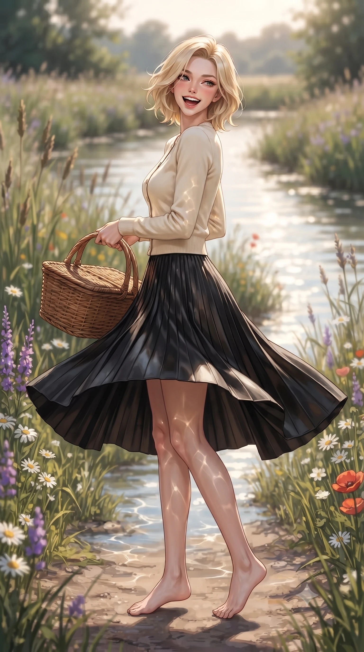 score_9, masterpiece, best quality, ultra-detailed, high-budget anime keyframe, editorial fashion photography, tasteful artistic composition, Caucasian woman. low angle full-body shot from head to toe showing her feet, filling the entire 9:16 vertical frame with her statuesque presence, stretching her vertical silhouette. twirling around with a playful, cute laugh, her skirt billowing beautifully in the air set against a soft-focus background of along a winding river path lined with reeds and wild river flowers holding a woven picnic basket with a bright, cheerful expression. She has an absolutely perfect, statuesque 8.5-heads proportion, an exceptionally tall and slender model-like female figure with impossibly long slender legs and an ultra-slim waist. sharp v-shaped jawline, high-bridge nose, intricate jewel-like eyes with depth, thick eyelashes, glossy lips with a natural sheen. wearing tailored tight-fitting cashmere cardigan closed, paired with a sleek leather midi skirt. bright daylight reflecting off the water, casting shifting ripples on her skin. ultra-reflective glossy finish, specular highlights, metallic sheen, high-contrast stereoscopic depth, volumetric dynamic lighting, 2k, ultra detail, master piece, 9:16 ratio