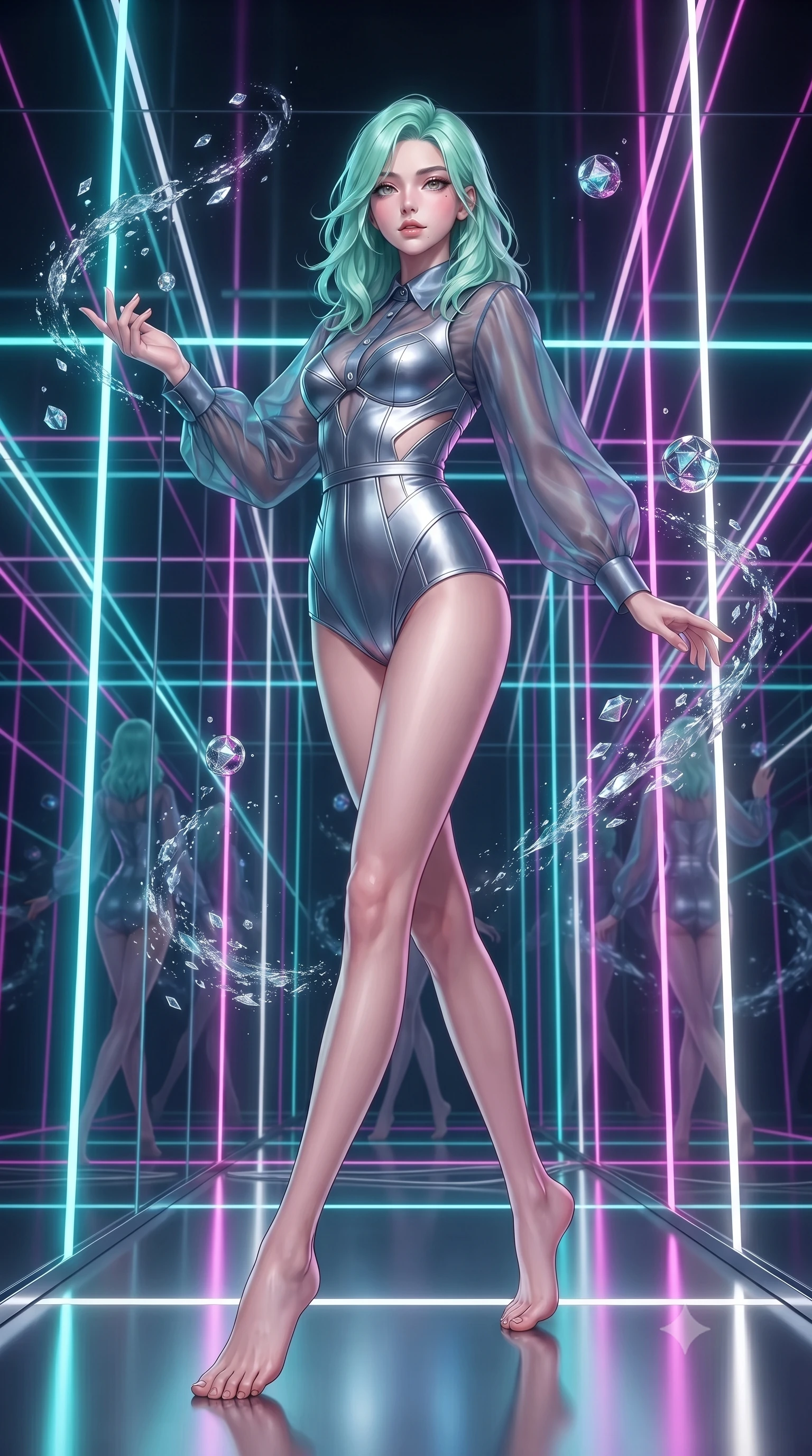 score_9, masterpiece, best quality, ultra-detailed, high-budget anime keyframe, editorial fashion photography, tasteful artistic composition, Japanese woman. low angle full-body shot from head to toe showing her feet, filling the entire 9:16 vertical frame with her statuesque presence, stretching her vertical silhouette. interacting gracefully with the magical floating elements while maintaining a confident posture navigating a corridor of shifting laser light grids and mirror walls, sleek reflective white and chrome surfaces emphasizing ultra-clean lines. She has an absolutely perfect, statuesque 8.5-heads proportion, an exceptionally tall and slender model-like female figure with impossibly long slender legs and an ultra-slim waist. sharp v-shaped jawline, high-bridge nose, intricate jewel-like eyes with depth, thick eyelashes, glossy lips with a natural sheen. wearing a tailored leather bustier over a sheer silk chiffon blouse in slate blue and metallic silver, crafted from iridescent chiffon that shifts colors in the light, featuring clean architectural cutouts along her slender torso, the form-contouring material highlighting her ultra-slim waist and long lines. bathed in brilliant neon cyan and magenta rim light with clean white ambient glow. highly saturated vibrant anime colors, detailed shading with soft gradients, rich glossy textures, high-contrast stereoscopic depth, volumetric dynamic lighting, master piece, 9:16 ratio