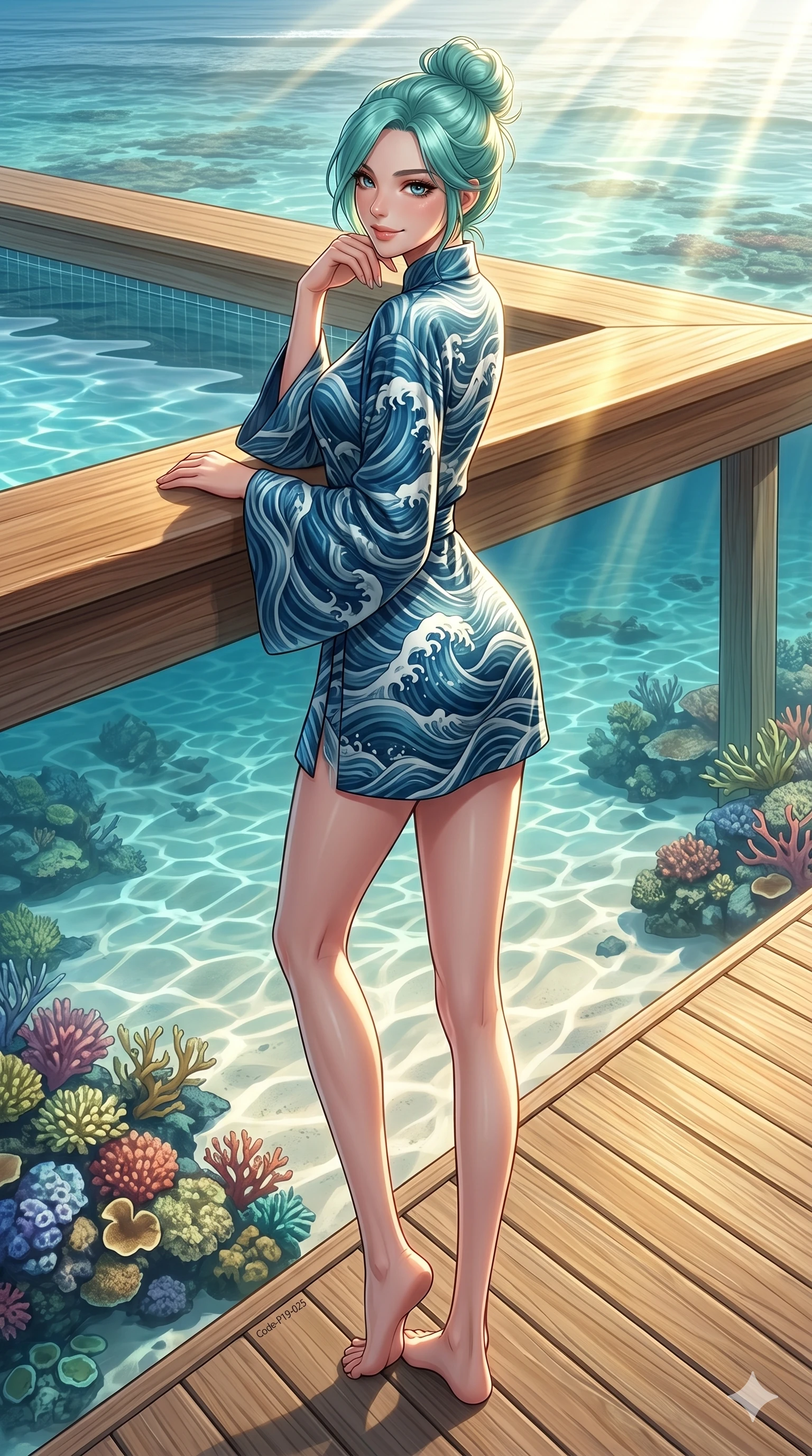 score_9, masterpiece, best quality, ultra-detailed, high-budget anime keyframe, editorial fashion photography, tasteful artistic composition, Japanese woman. low angle full-body shot from head to toe showing her feet, filling the entire 9:16 vertical frame with her statuesque presence, stretching her vertical silhouette. resting her elbow on the pool ledge, looking over her shoulder with a playful, teasing smile on a wooden deck over a shallow sea reef, with colorful coral visible below (Code-P19-025). She has an absolutely perfect 8-heads proportion, an exceptionally tall and slender female figure with impossibly long slender legs and an ultra-slim waist. V-shaped jawline, high-bridge nose, intricate jewel-like eyes with depth, thick eyelashes, glossy lips with a natural sheen. wearing a high-neck summer resort robe with long sleeves in a waves-patterned silk jacquard. lit by bright sunbeams reflecting off the white sand and casting sharp golden highlights. 2k, ultra detail, master piece, 9:16 ratio