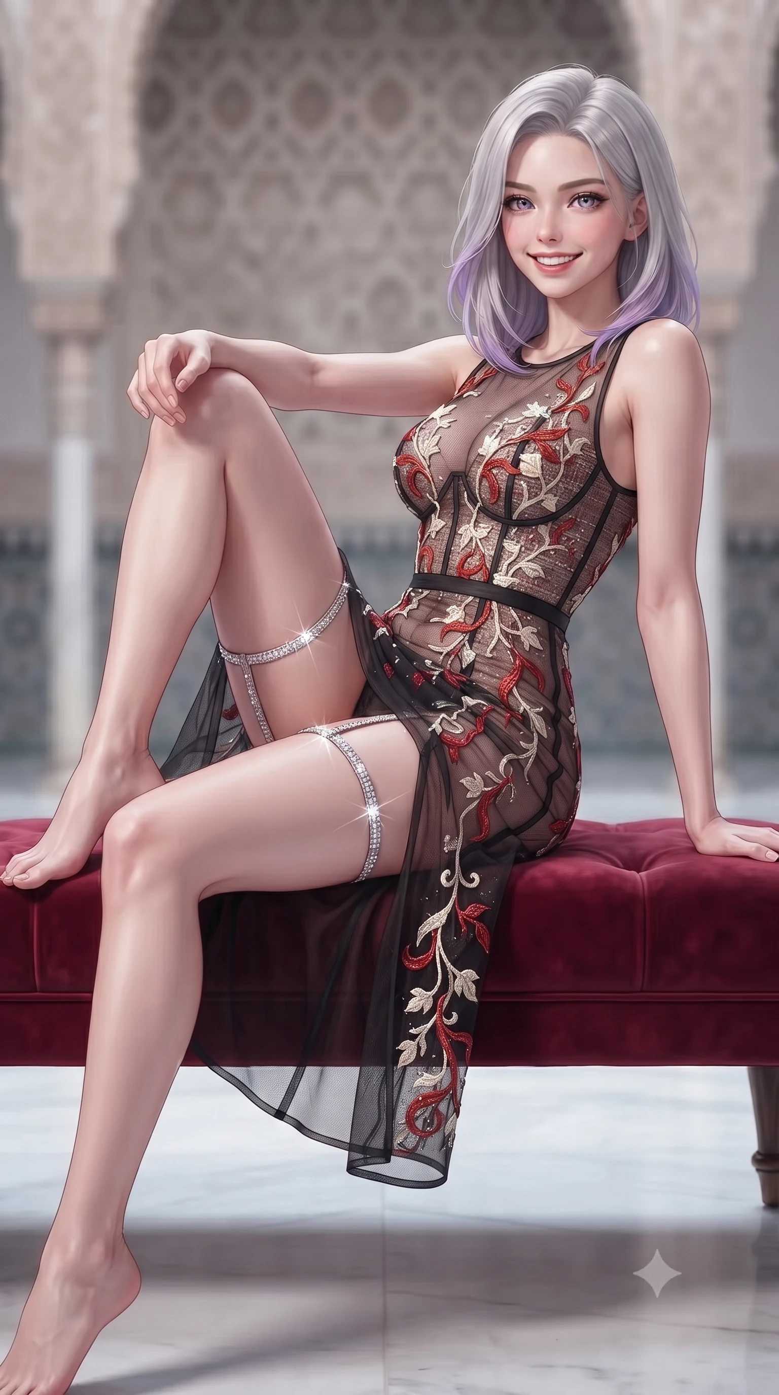 score_9, masterpiece, best quality, ultra-detailed, high-budget anime keyframe, editorial fashion photography, tasteful artistic composition, Caucasian woman. close-up cowboy shot from the waist and thighs up, the character dominates the composition, filling the frame with her large presence. perched sideways on the lounge seat, one knee drawn up to showcase her slender leg line while her arched back accentuates her feminine hip curve while reclining gracefully on the low velvet divan placed beneath the arched portico propped on one elbow, displaying her long slender limbs and statuesque hourglass silhouette with regal poise. The background shows a soft-focus delicate carved geometric stucco lattices softened in historic Moorish palace shallow focus. She has an exceptionally elegant, slender, and willowy female figure with an ultra-slim waist, flat toned midriff, narrow ribcage, and sculpted feminine hips creating an alluring, slim hourglass silhouette without bulk. sharp v-shaped jawline, high-bridge nose, intricate jewel-like sparkling eyes with depth, thick eyelashes, glossy parted lips with a natural peach sheen, bright cheerful beaming smile with an enchanting and coquettish sensual glint, exuding both youthful cute charm and seductive allure, flawlessly proportioned anatomical accuracy, strict slender model proportions, natural body alignment, perfectly sculpted long slender limbs, ultra-slim waistline, clean dynamic posture without body distortion. wearing a provocative sheer noir illusion mesh cocktail dress with embroidered climbing ivy ribbons contouring her curves in Cordoba vermilion red and ivory alabaster marble, woven from structured British tweed with subtle metallic flecks, finished with delicate crystal-encrusted thigh garter straps glinting in the dim light, the bespoke structured tailoring following the natural line of her 8.5-heads silhouette with refined elegance. illuminated by white marble floor reflection bounce and sharp platinum-gold rim lights sculpting her razor-sharp jawline, narrow waist, and curvy hips. ultra-reflective glossy finish, specular highlights, rich textural contrasts, high-contrast stereoscopic depth, volumetric dynamic lighting, 2k, ultra detail, master piece, 9:16 ratio