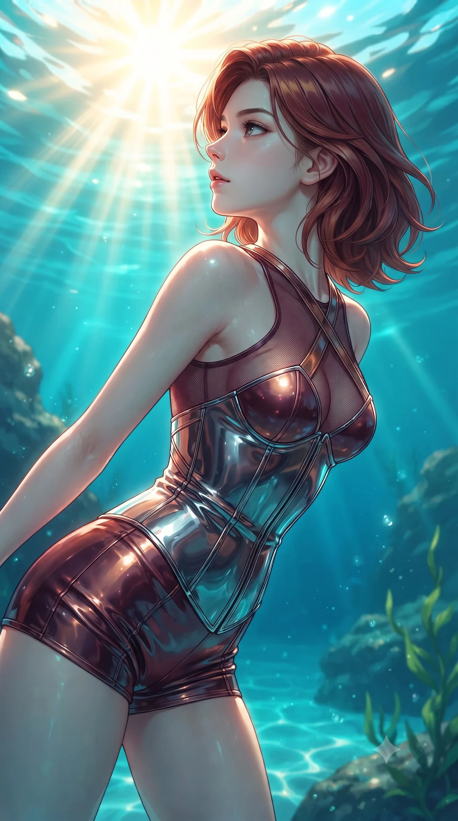score_9, masterpiece, best quality, ultra-detailed, high-budget anime keyframe, editorial fashion photography, tasteful artistic composition, Korean woman. close-up cowboy shot from the waist and thighs up, the character dominates the composition, filling the frame with her large presence, background elements kept in soft focus. Turning her face in sharp profile while her upper body leans forward with poised athletic grace while swimming gracefully upward toward sunbeams penetrating a deep turquoise water cavern, intense golden sunbeams penetrating deep turquoise water creating caustic light ripples. She has an exceptionally elegant, slender, and willowy female figure with an ultra-slim waist, a gracefully sculpted slender torso, and a refined silhouette. sharp v-shaped jawline, high-bridge nose, intricate jewel-like eyes with depth, thick eyelashes, glossy lips with a natural sheen, flawlessly proportioned anatomical accuracy, natural body alignment, perfectly sculpted elegant limbs, clean dynamic posture without body distortion. wearing a chrome-plated structured bodice worn over a sheer mesh top and micro-shorts in deep burgundy and bronze, tailored from high-gloss patent leather, complemented by criss-cross back straps highlighting her bare shoulders, the elegant draped fit framing her graceful clavicle and slender torso. bathed in brilliant underwater sunbursts and luminous turquoise caustic glow. ultra-reflective glossy finish, specular highlights, metallic sheen, high-contrast stereoscopic depth, volumetric dynamic lighting, 2k, ultra detail, master piece, 9:16 ratio