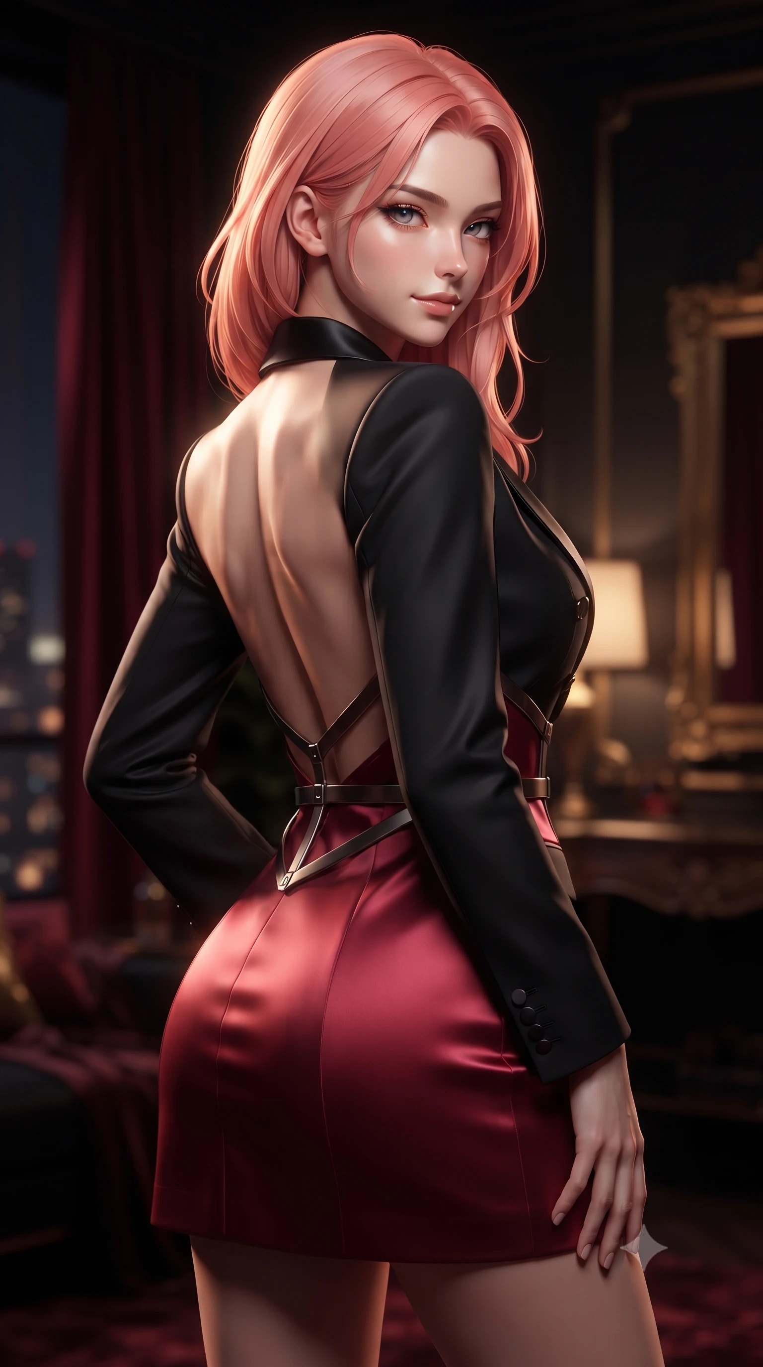 score_9, masterpiece, best quality, ultra-detailed, high-budget anime keyframe, editorial fashion photography, tasteful artistic composition, Japanese woman. close-up cowboy shot from the waist and thighs up, the character dominates the composition, filling the frame with her large presence, background elements kept in soft focus. Smiling with quiet, magnetic self-assurance directly into the camera, looking back over her bare shoulder in a dimly lit private penthouse boudoir, dramatic open-back outfit revealing her graceful shoulder blades and spine. She has an exceptionally elegant, slender, and willowy female figure with an ultra-slim waist, a gracefully sculpted slender torso, and a refined silhouette. sharp v-shaped jawline, high-bridge nose, intricate jewel-like eyes with depth, thick eyelashes, glossy lips with a natural sheen. wearing tailored double-breasted obsidian blazer dress with silk lapels in pitch-black onyx, made of soft crimson satin, highlighted by a gunmetal metallic harness structure, highlighting her statuesque proportions and ultra-slim waistline. surrounded by a moody crimson and gold glow with sharp edge highlights. ultra-reflective glossy finish, specular highlights, metallic sheen, high-contrast stereoscopic depth, volumetric dynamic lighting, 2k, ultra detail, master piece, 9:16 ratio