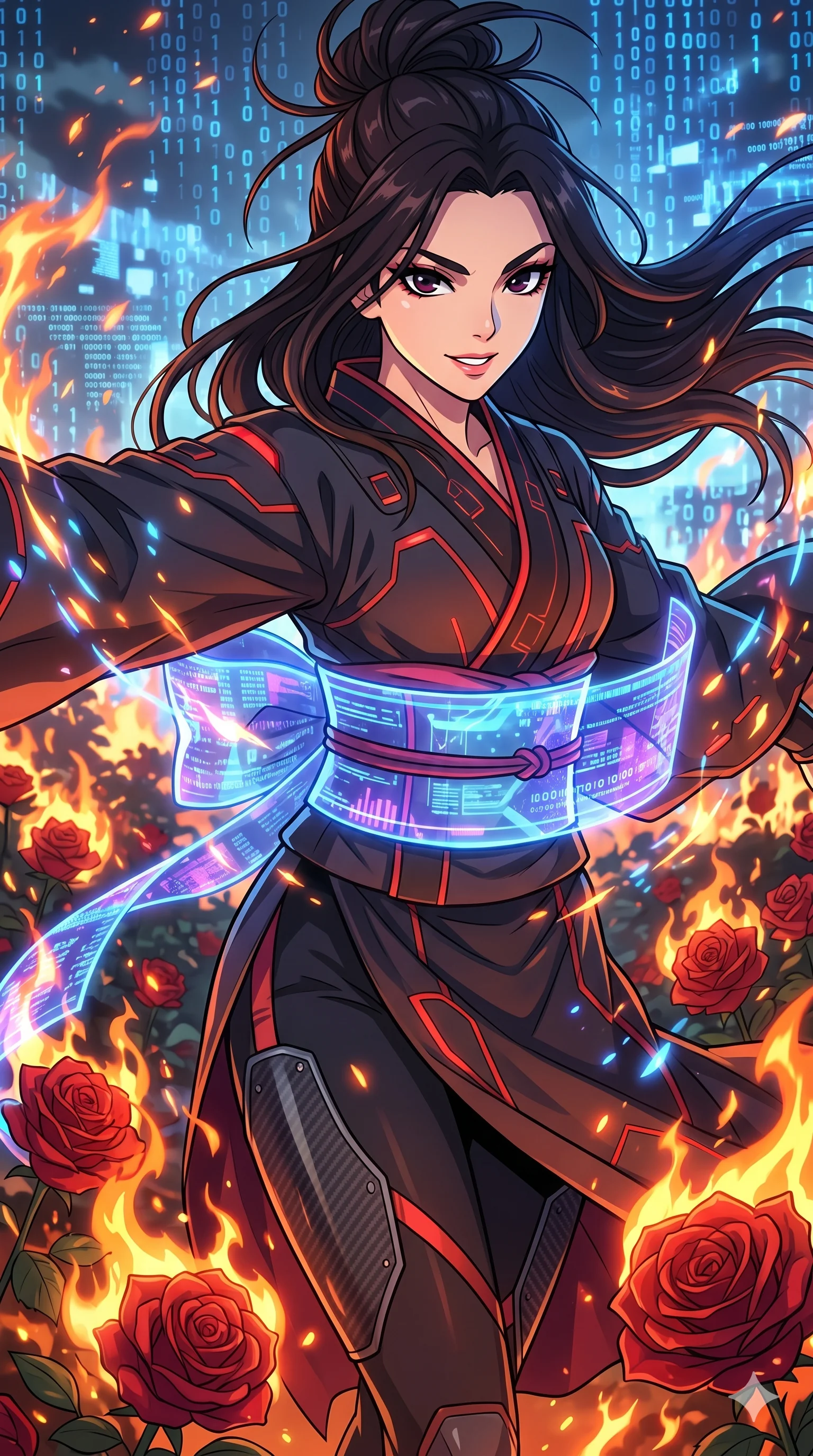 score_9, masterpiece, best quality, ultra-detailed, Set A: High-budget Anime Keyframe, Korean woman. Upper body close-up from the thighs up, character filling the screen for maximum presence. Dancing through a burning rose garden, while a digital blizzard of 239 bits obscures the horizon and surrounded by glowing energy sparks. She has an absolutely perfect 8-heads proportion, an exceptionally tall and slender female figure with impossibly long slender legs and an ultra-slim waist. Sharp v-shaped jawline, high-bridge nose, intricate jewel-like eyes with depth, thick eyelashes, glossy lips with a natural sheen. Wearing Tech-kimono with a wide holographic obi and side-slit carbon-fiber leg guards. Cinematic lighting, vibrant colors, dramatic shadows, 2k, ultra detail, master piece, 9:16 ratio