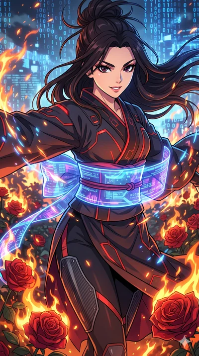 score_9, masterpiece, best quality, ultra-detailed, Set A: High-budget Anime Keyframe, Korean woman. Upper body close-up from the thighs up, character filling the screen for maximum presence. Dancing through a burning rose garden, while a digital bli